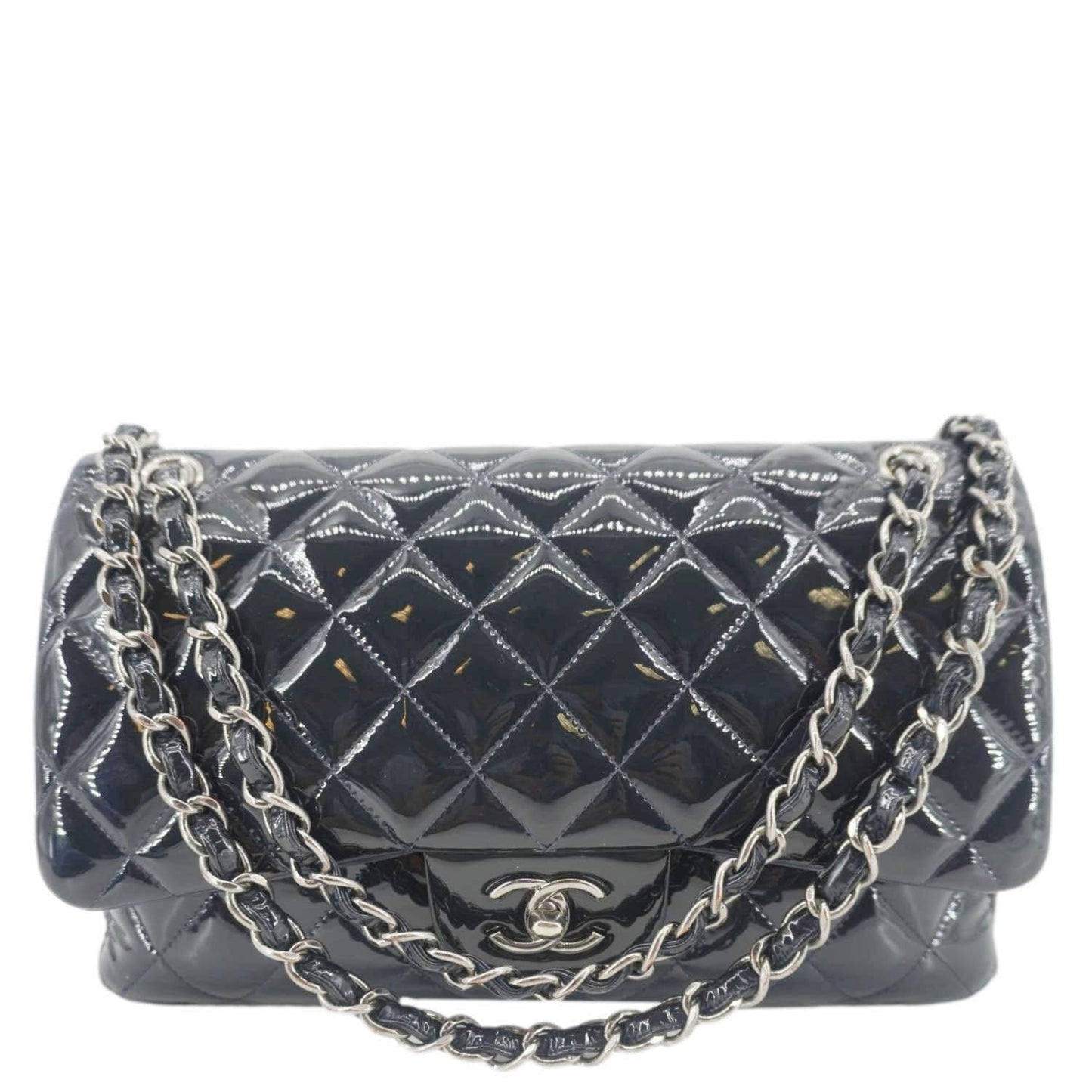 Chanel Classic Double Flap Quilted Patent Leather Blue Travel Bag