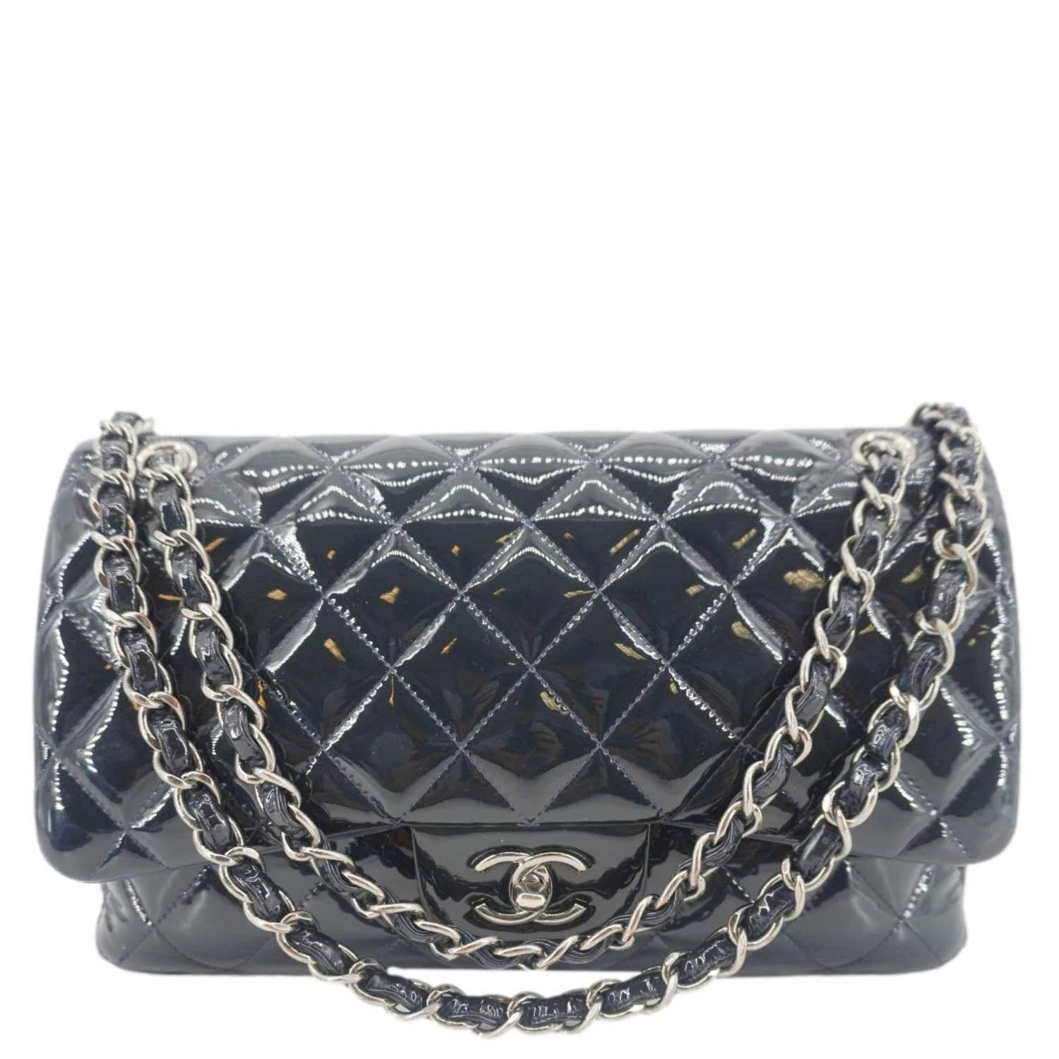 Chanel Classic Double Flap Quilted Patent Leather Blue Travel Bag