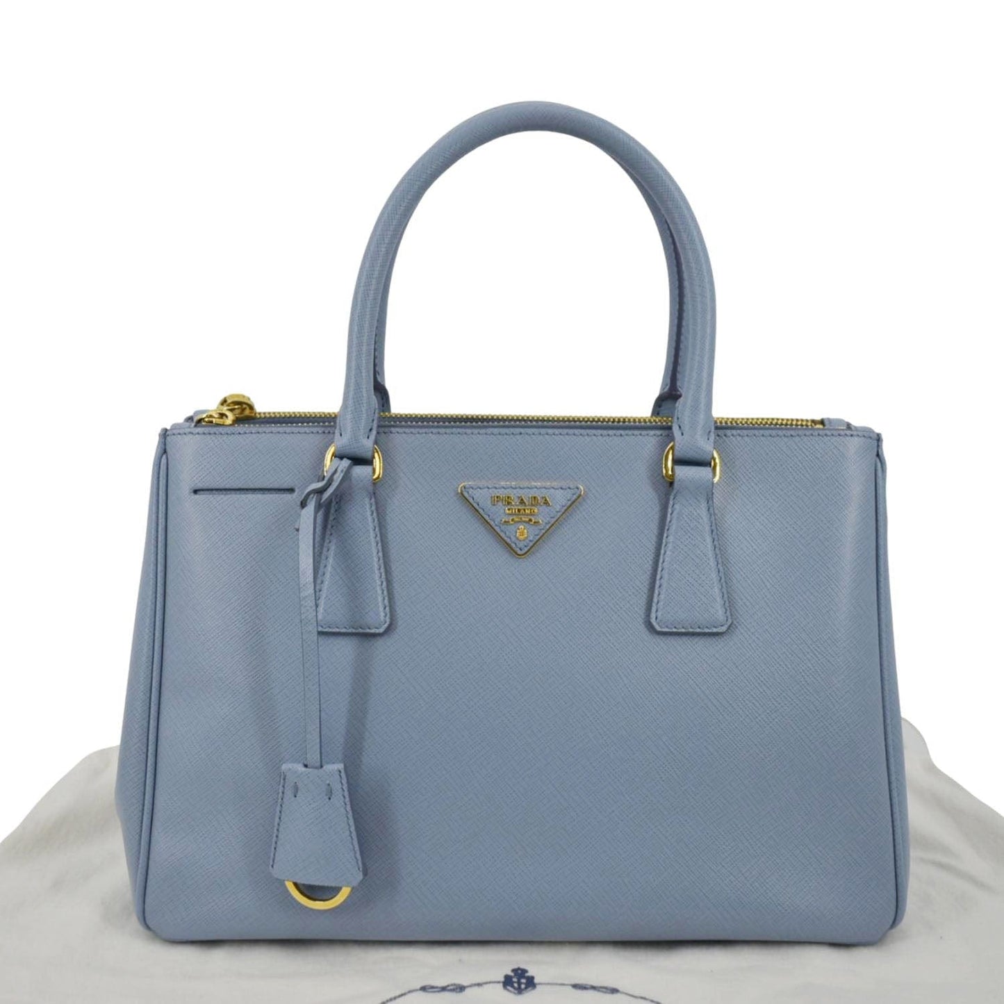 Prada Galleria Double Tote Bag Light Leather Saffiano Blue Shoulder Bag
