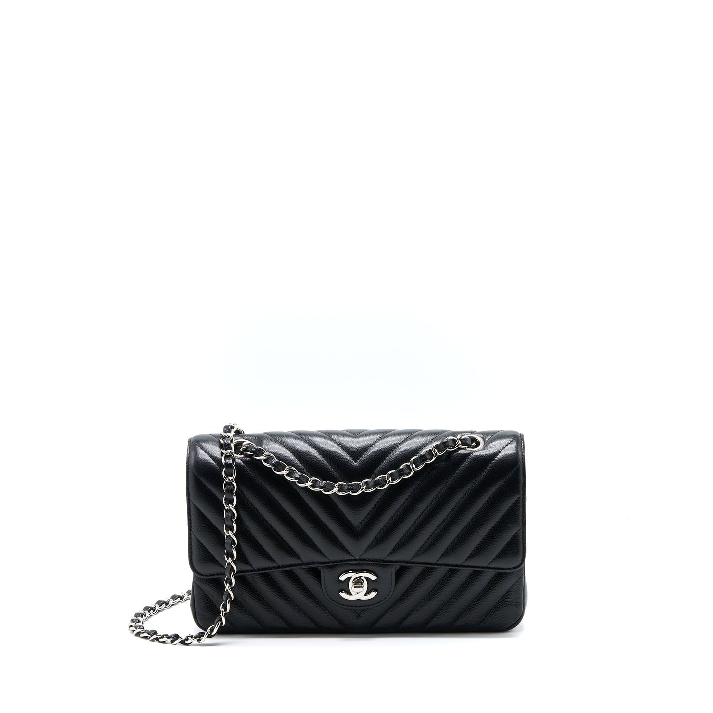 Chanel Classic Double Flap Chevron Caviar SHW Black Shoulder Bag