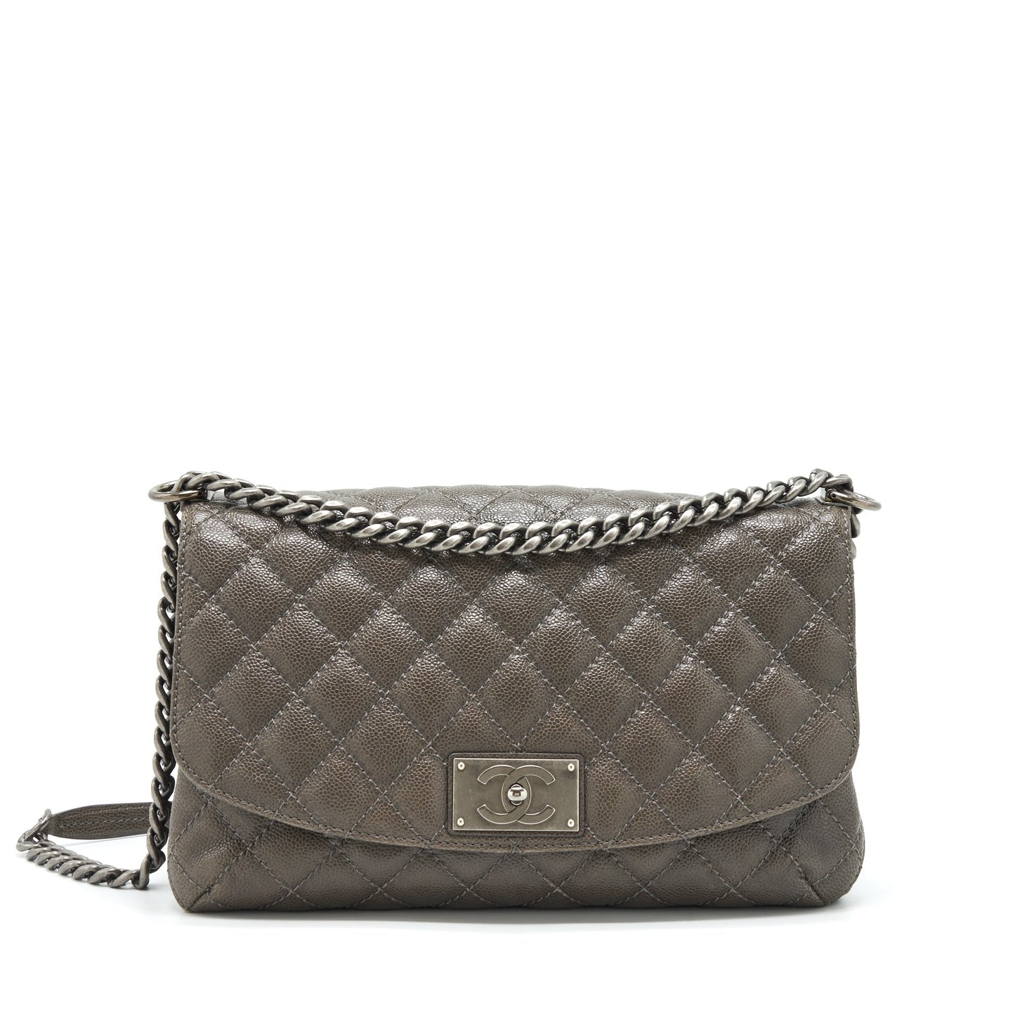 Chanel Flap Caviar Dark Ruthenium Sliver Hardware Grey Shoulder Bag