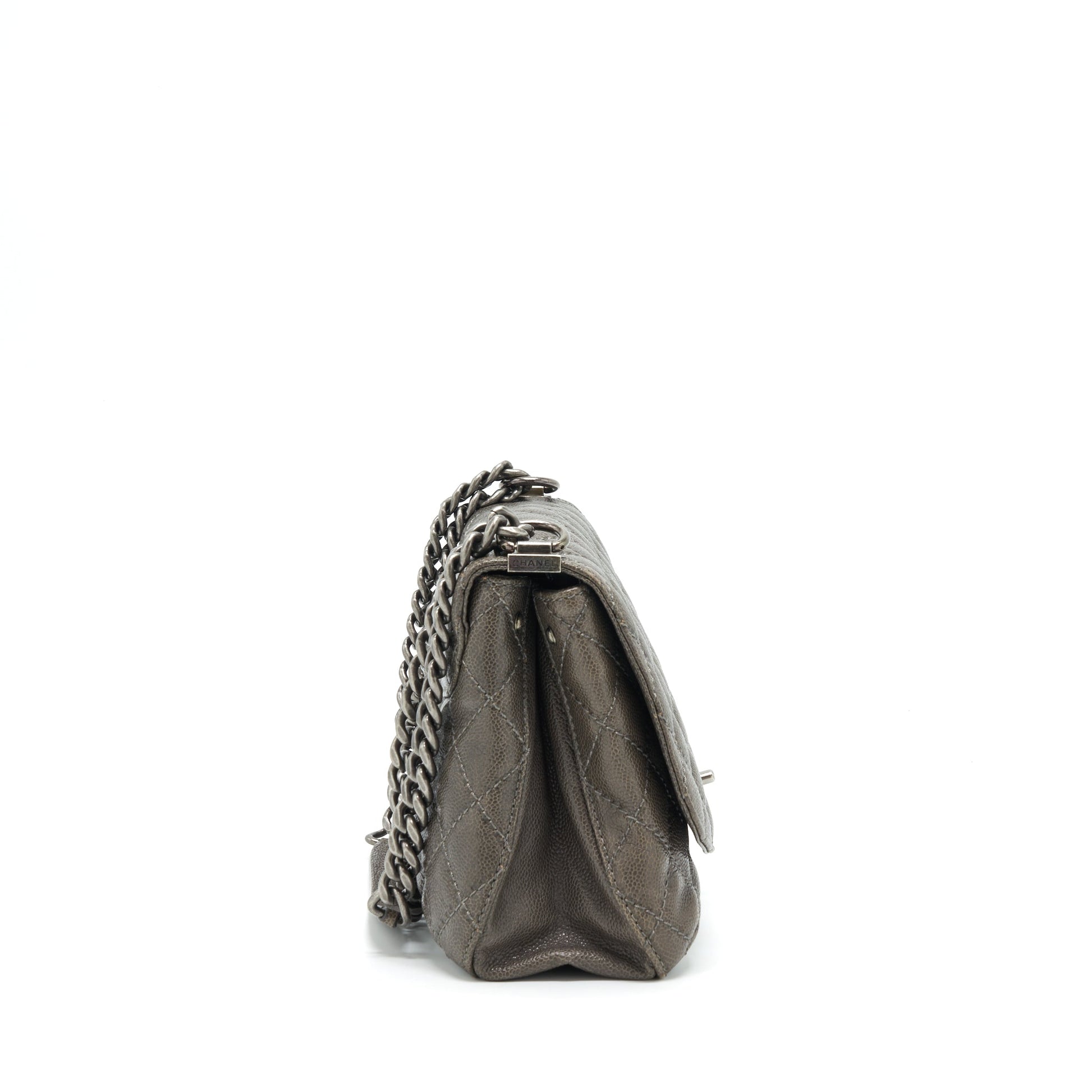 Chanel Flap Caviar Dark Ruthenium Sliver Hardware Grey Shoulder Bag
