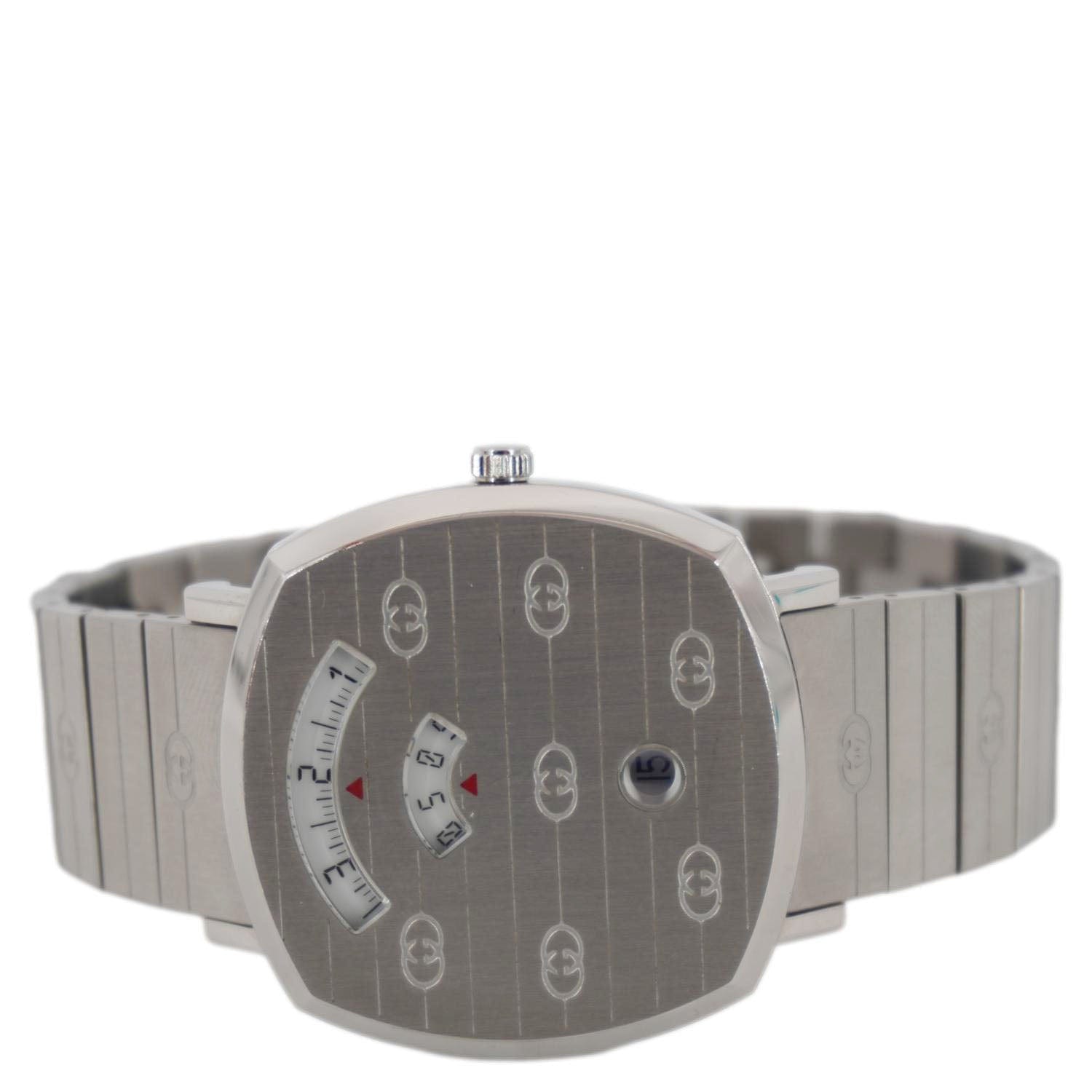 GUCCI Grip 1573 GG Engraved Quartz Silver Dial Stainless Steel Watch 35MM