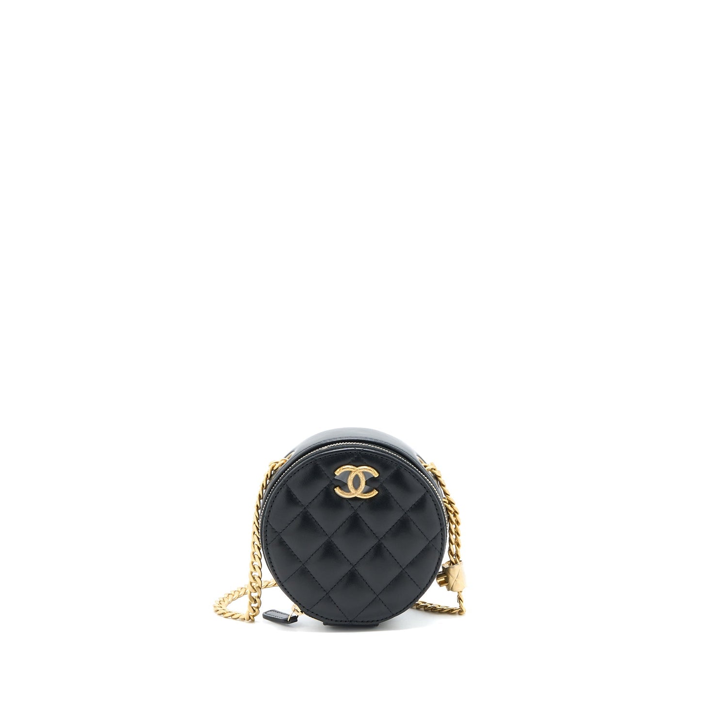 Chanel 22K Pillar Round Lambskin Brushed GHW Black Gold Clutch Bag