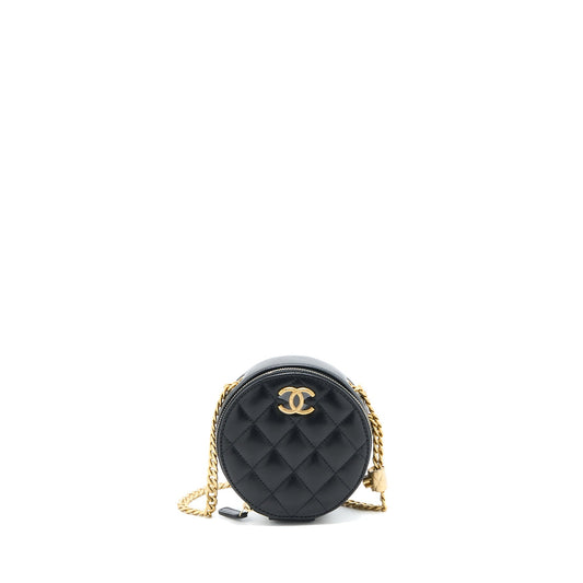 Chanel 22K Pillar Round Lambskin Brushed GHW Black Gold Clutch Bag