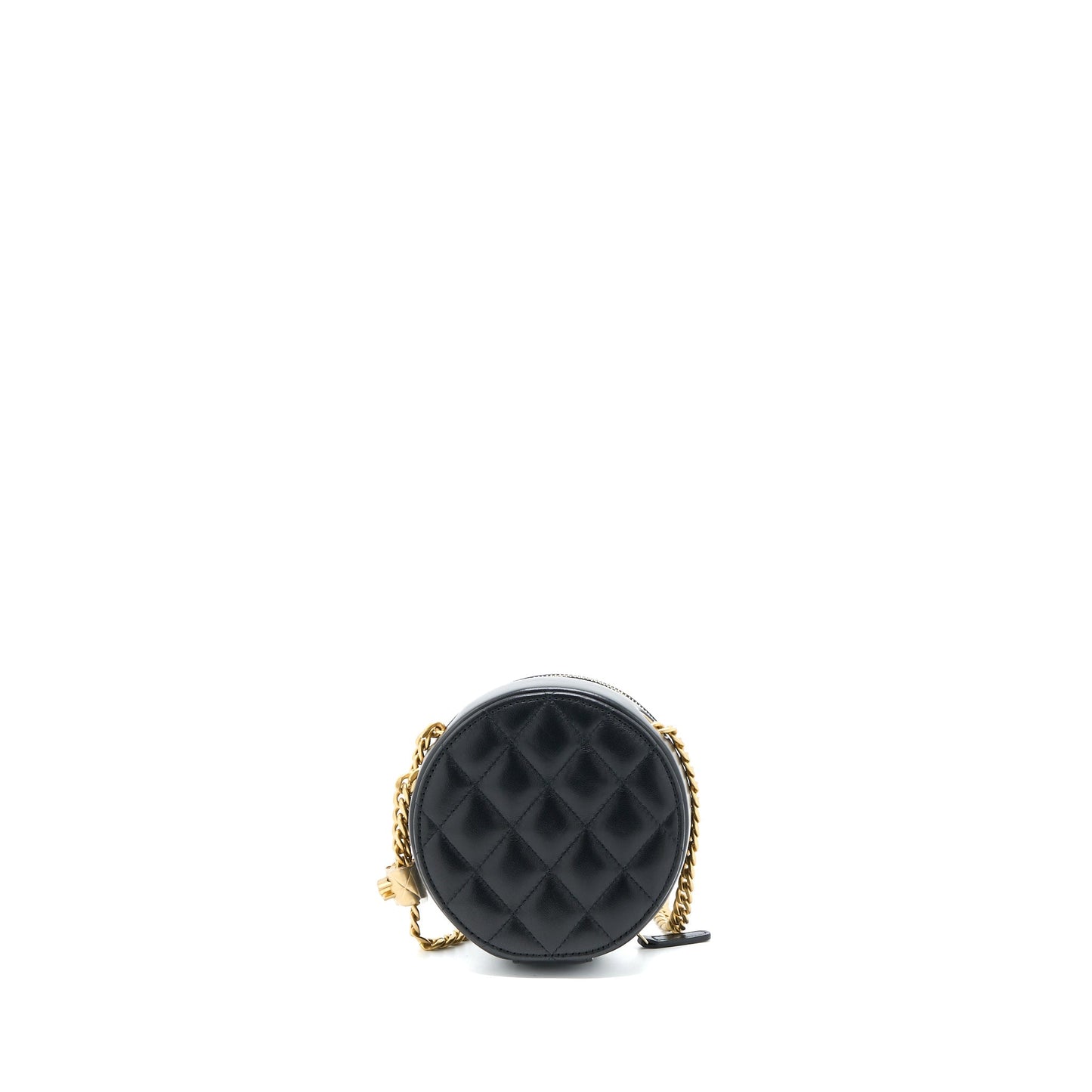 Chanel 22K Pillar Round Lambskin Brushed GHW Black Gold Clutch Bag
