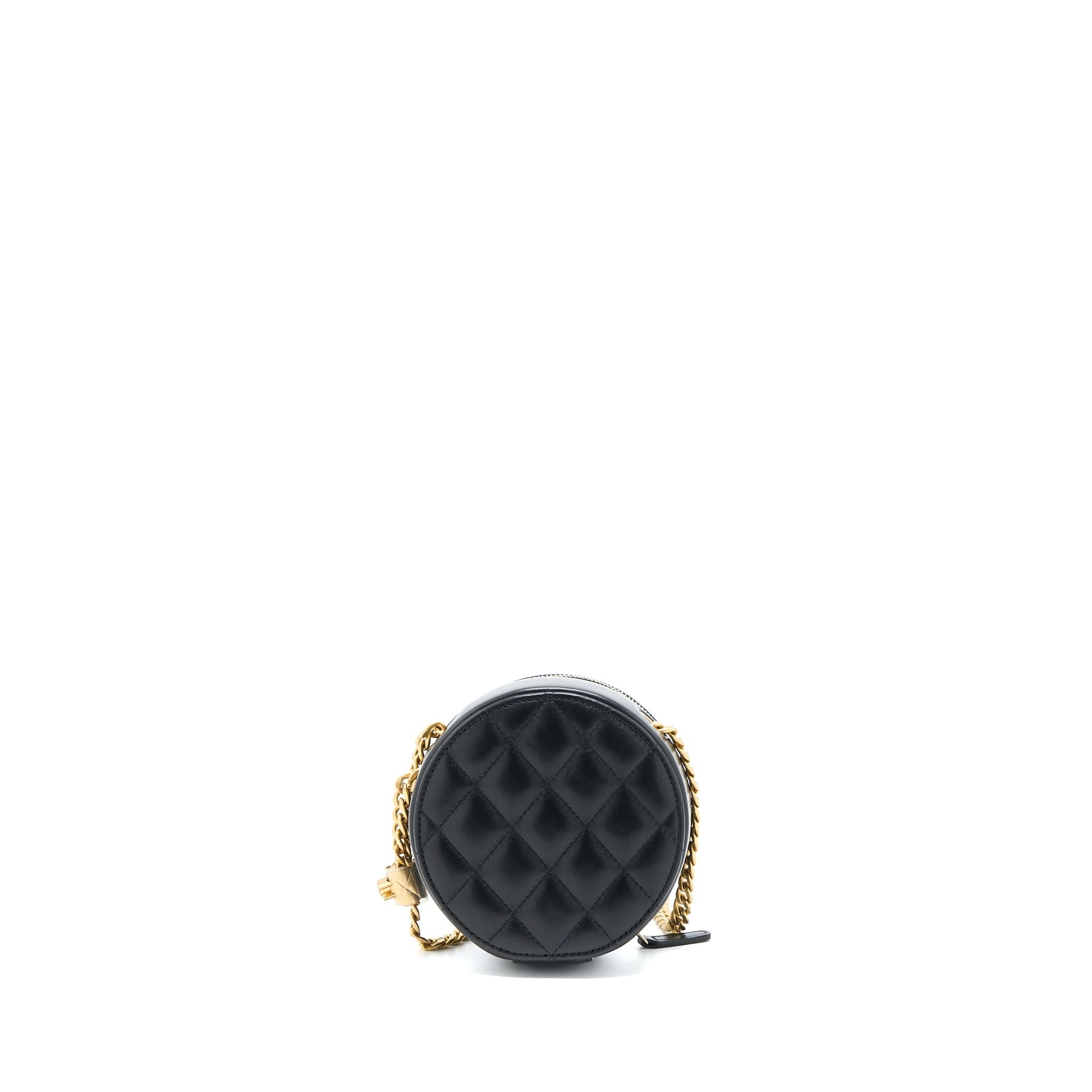 Chanel 22K Pillar Round Lambskin Brushed GHW Black Gold Clutch Bag