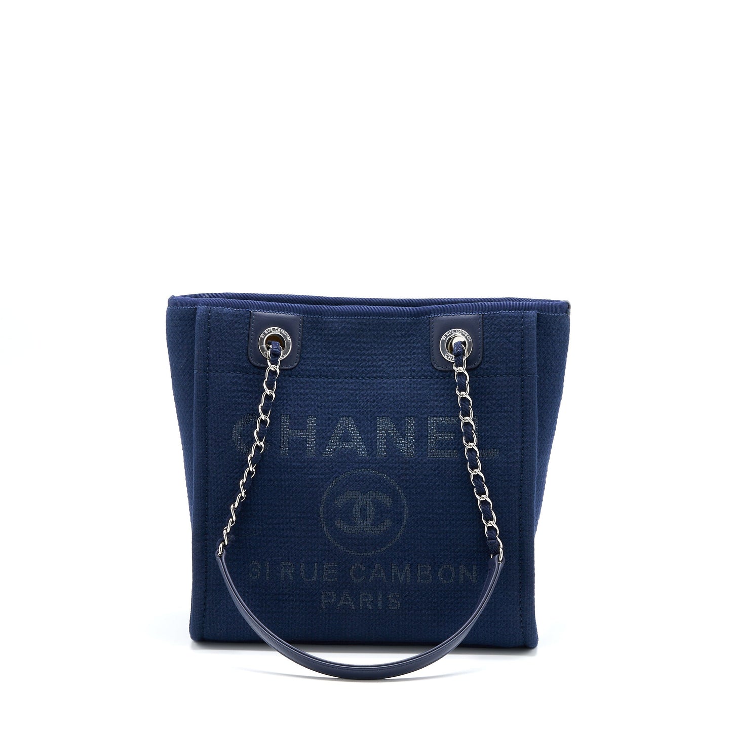 Chanel Deauville Navy SHW Microchip PM Canvas Tote Bag