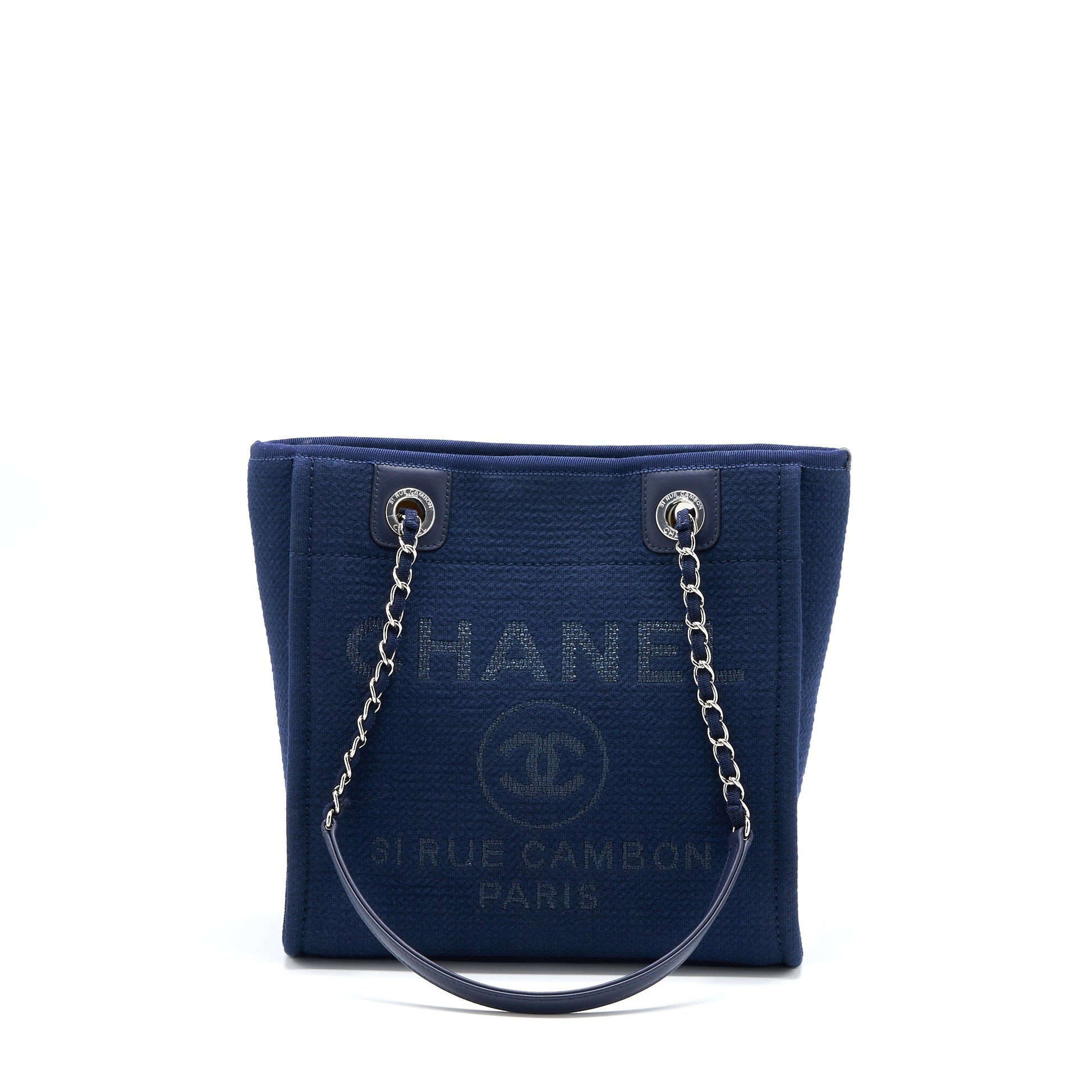 Chanel Deauville Navy SHW Microchip PM Canvas Tote Bag