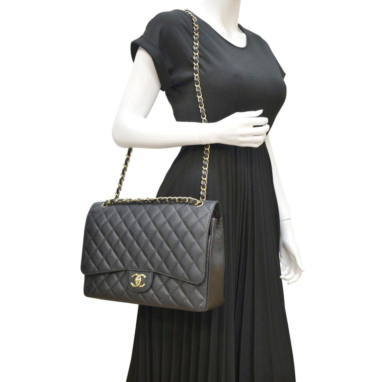 Chanel Classic Maxi Flap Quilted Caviar Leather Black Travel Bag