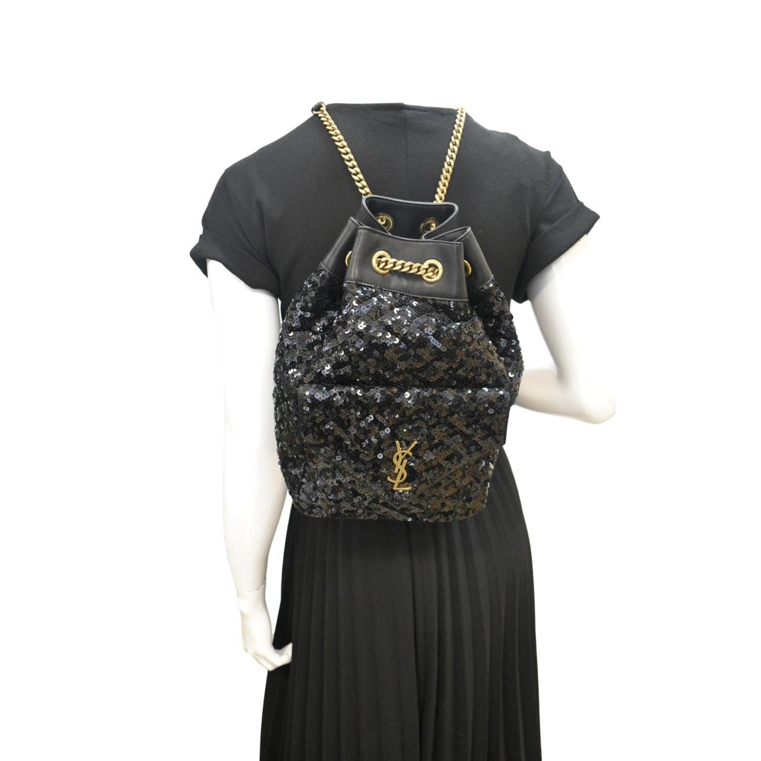 YSL Saint Laurent Saint Sequin Backpack Bag Leather Black