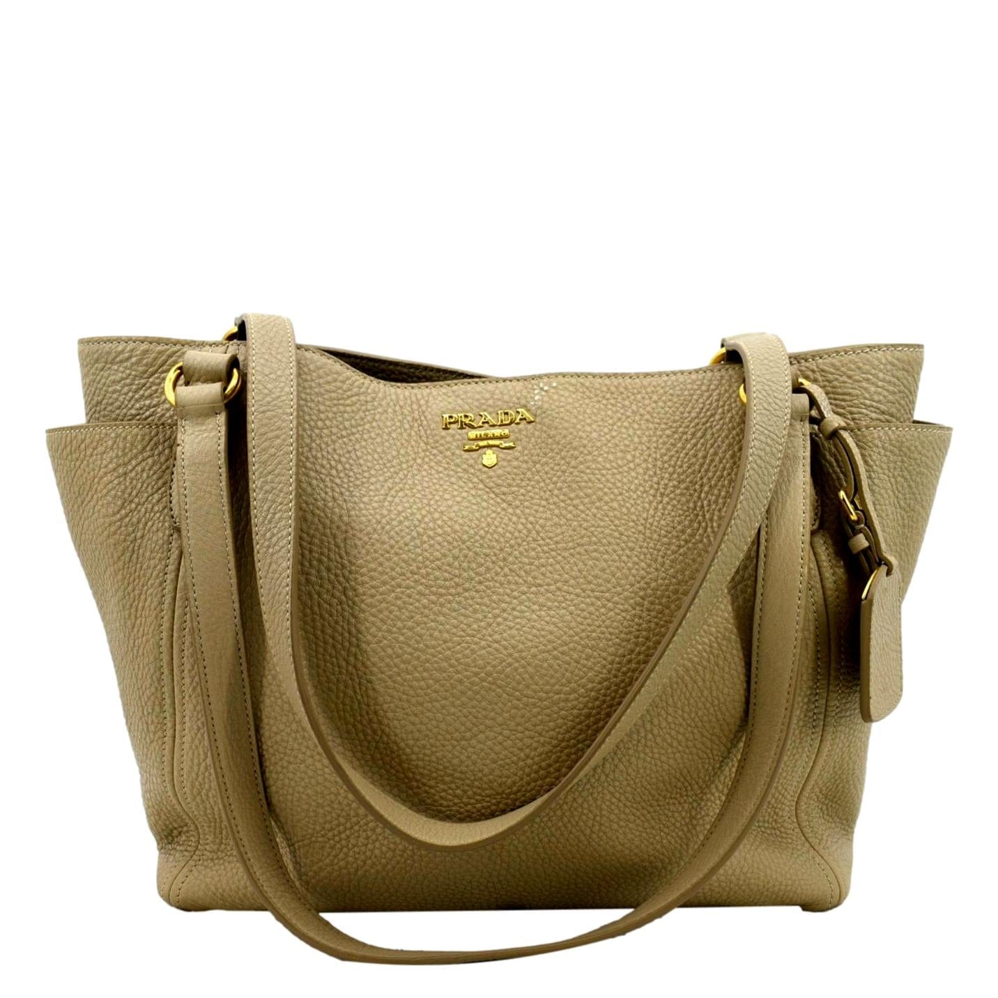 Vitello Daino Side Pocket Tote Shoulder Bag Leather Beige