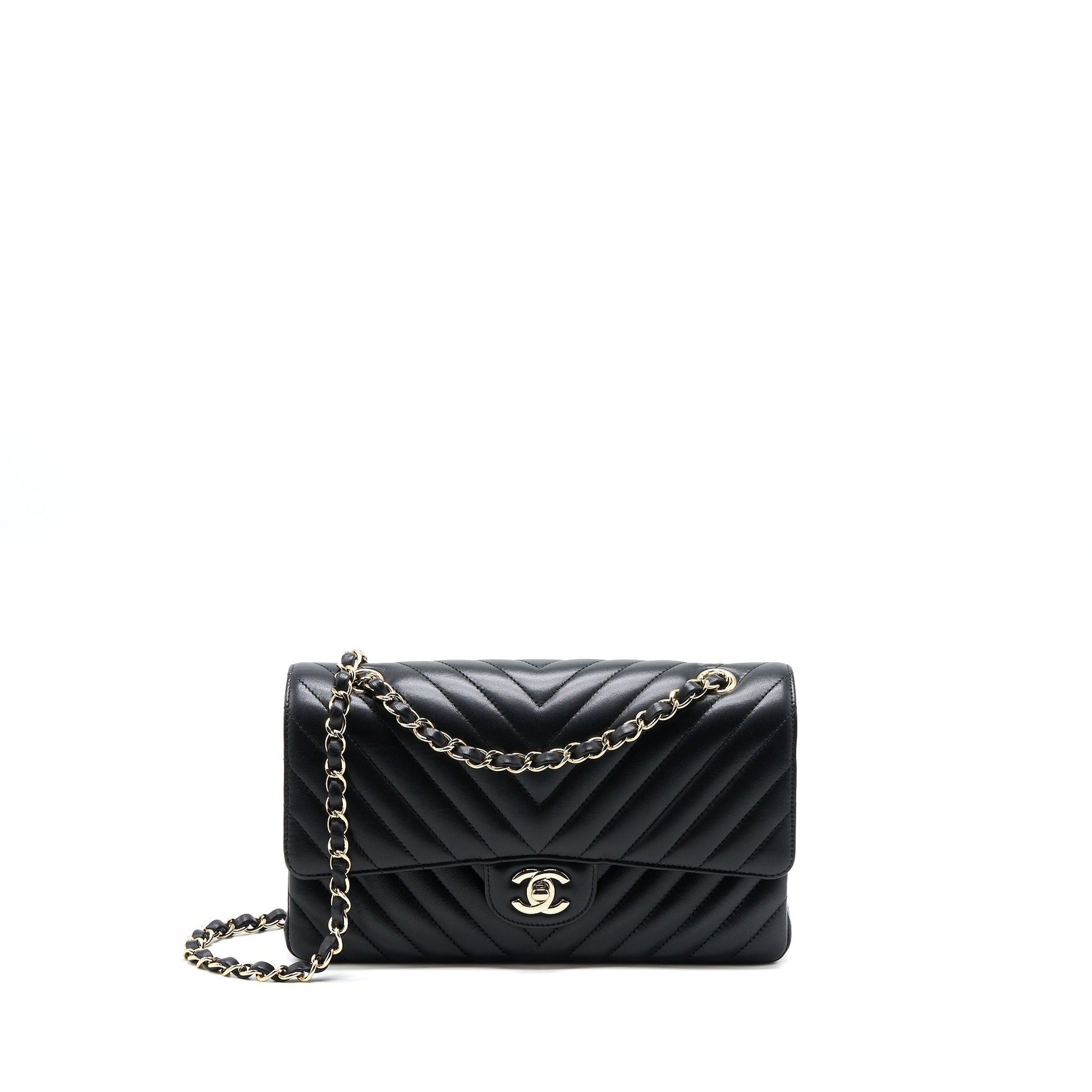 Chanel Chevron Classic Double Flap Lambskin LGHW Black Handbag