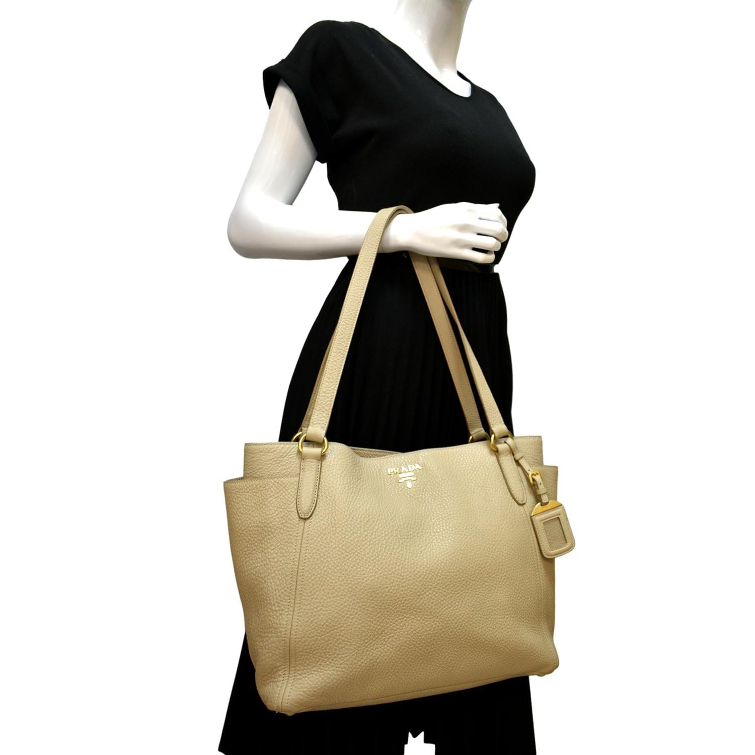 Prada Daino Side Pocket Tote Shoulder Bag Leather Vitello Beige