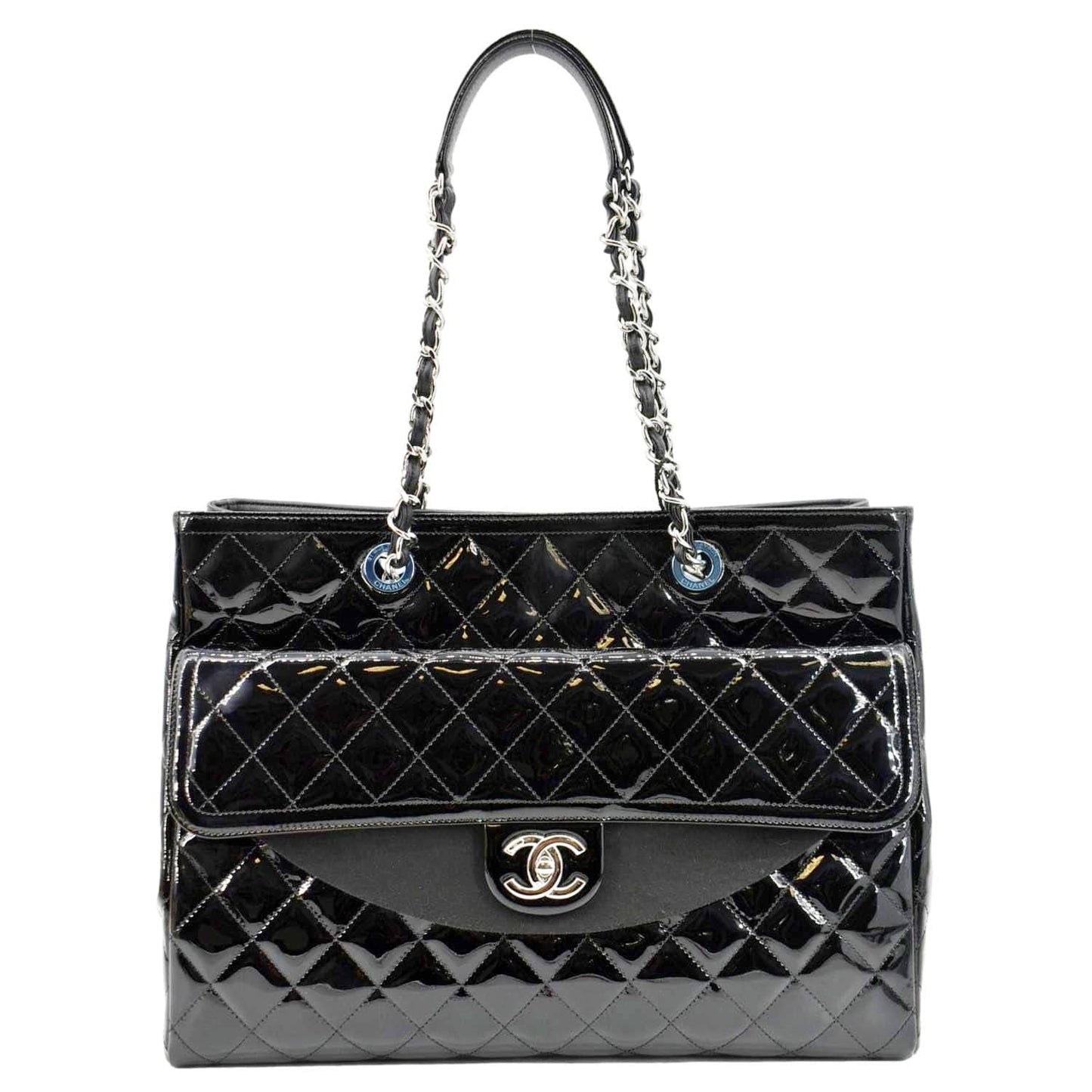 Chanel Front Pocket Quilted Patent Shopping Leather Black Travel Bag