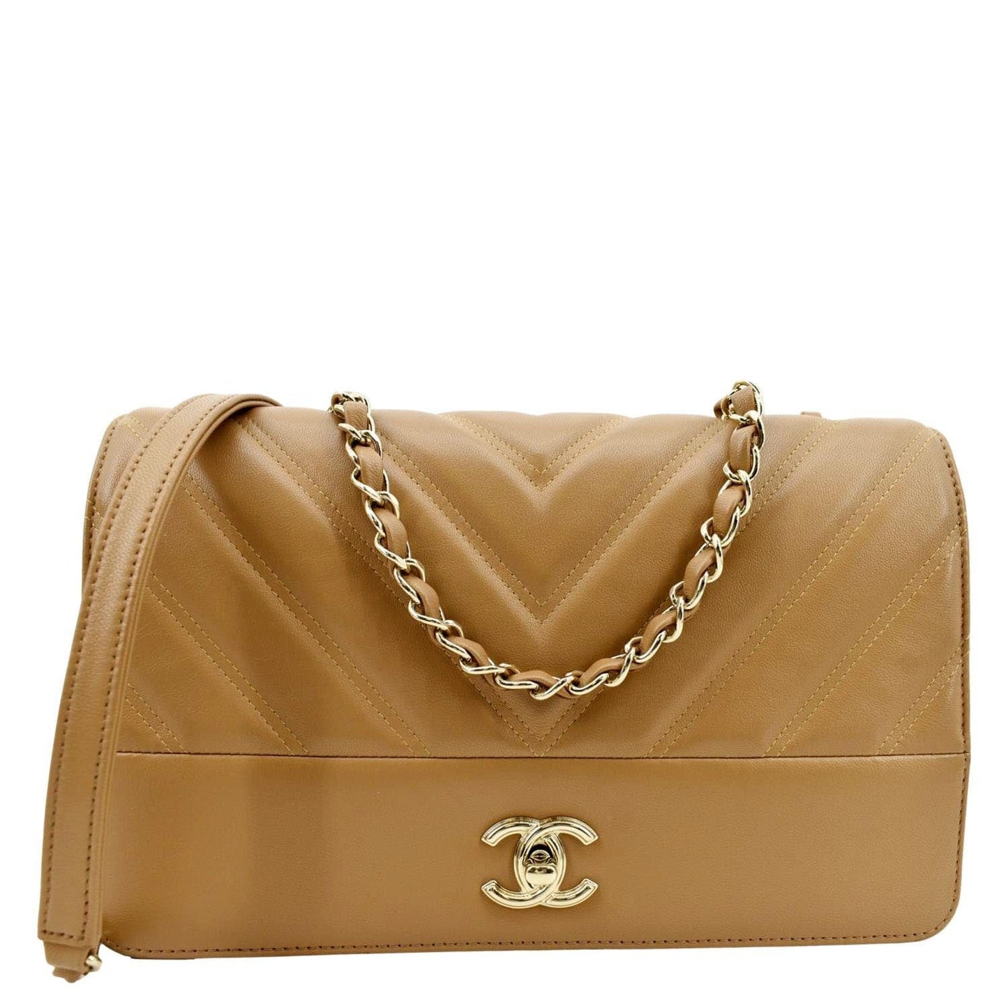 Chanel Statement Flap Quilted Chevron Camel Leather Travel Bag
