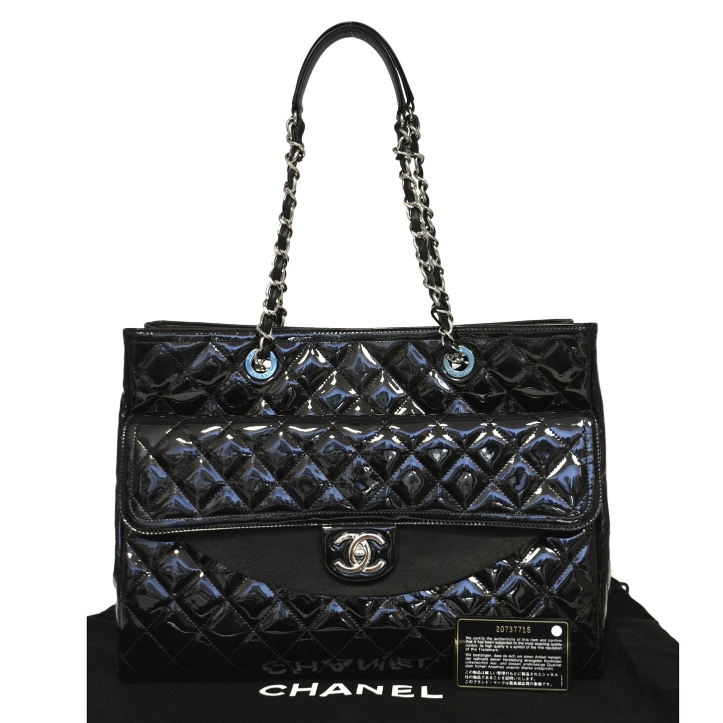 Chanel Front Pocket Quilted Patent Shopping Leather Black Travel Bag