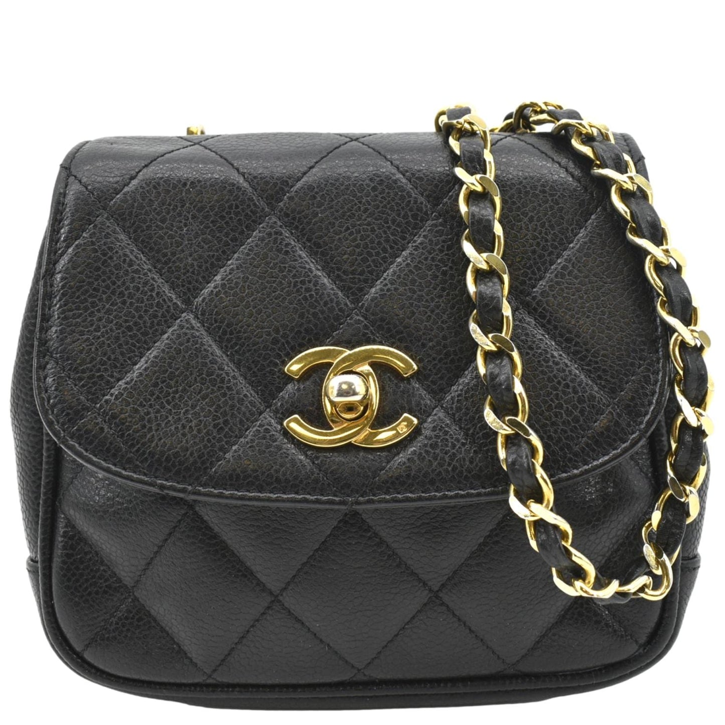 Chanel Round Flap Quilted Caviar Leather Black Travel Bag