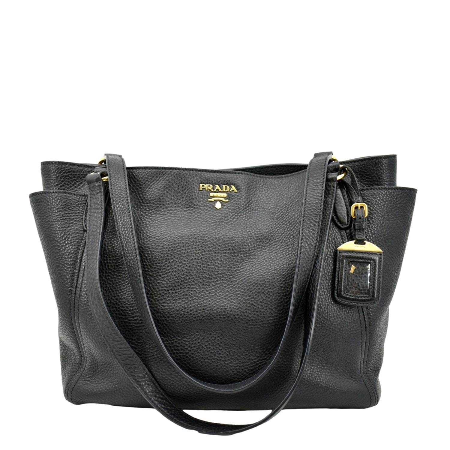 Vitello Daino Side Pocket Tote Shoulder Bag Leather Black