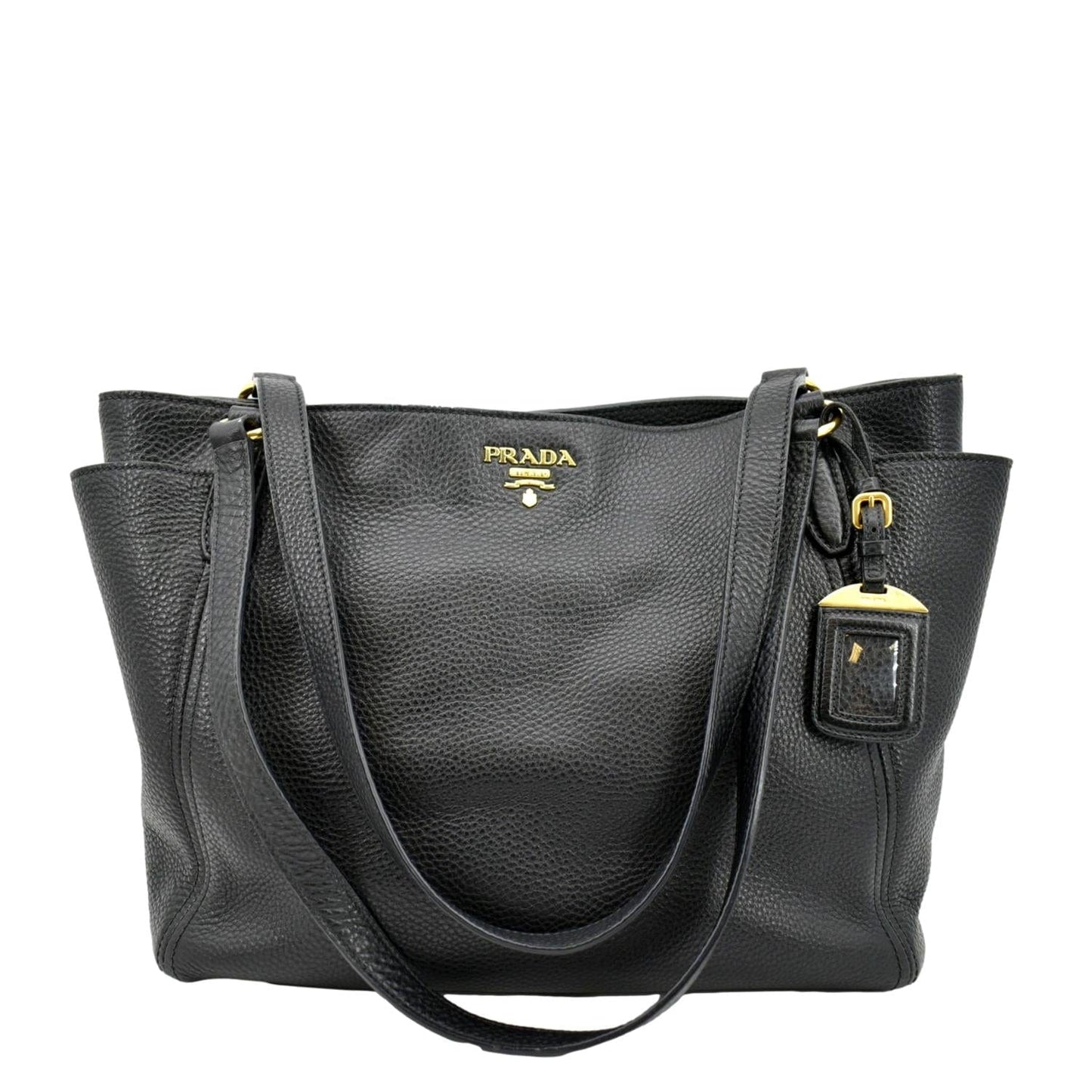 Prada Daino Side Pocket Tote Shoulder Bag Leather Vitello Black