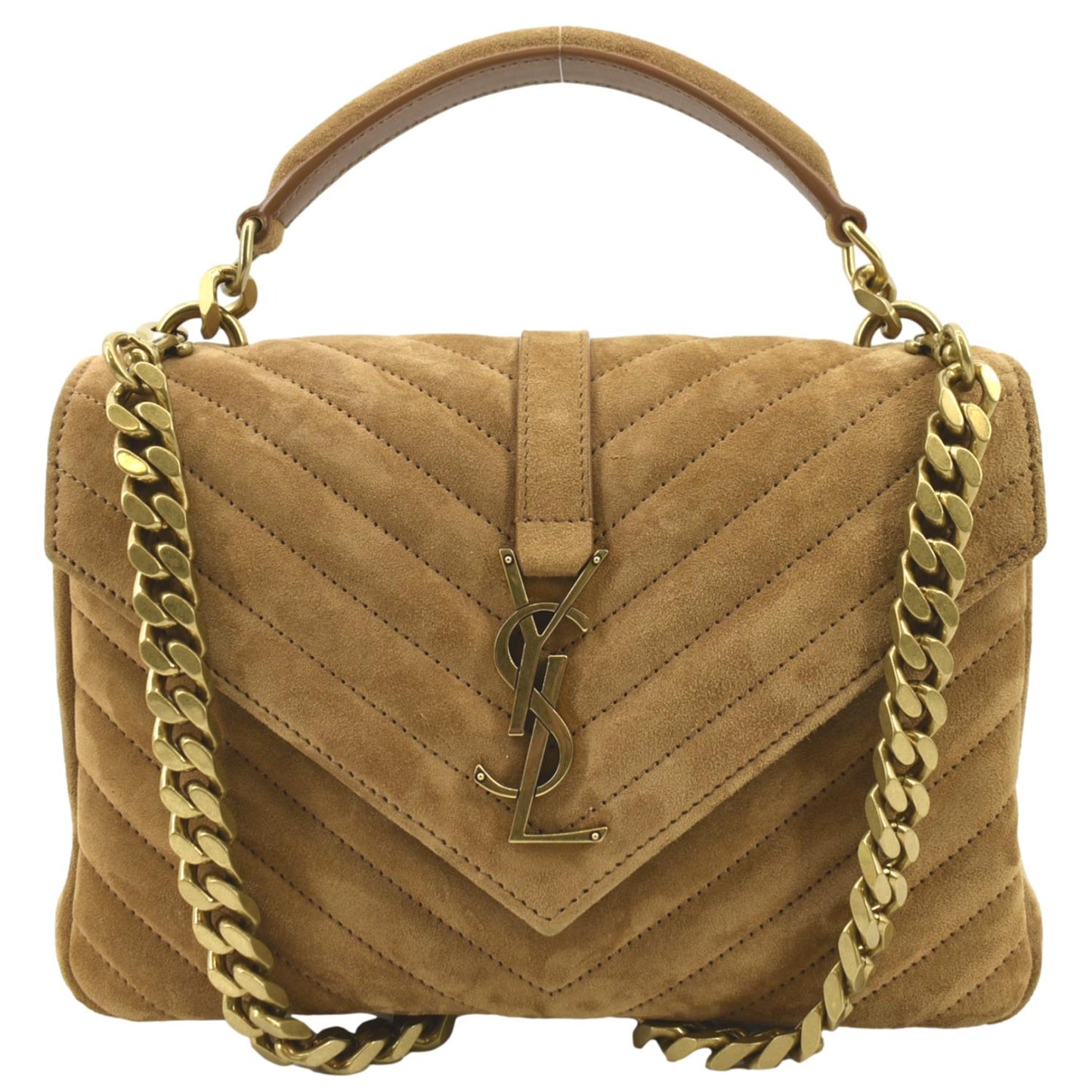 YSL Saint Laurent Yves College Chevron Shoulder Bag Camel Suede Chain