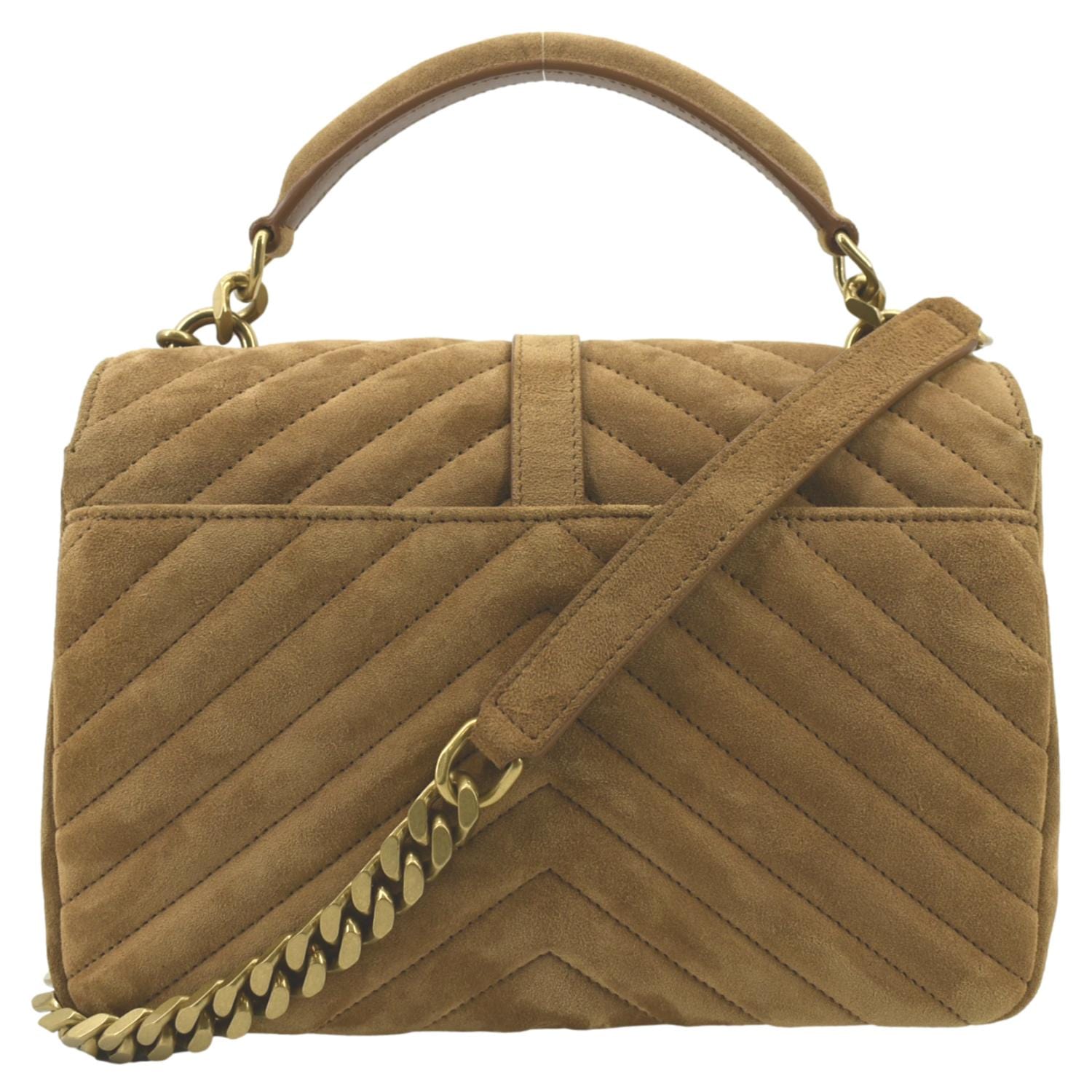 YSL Saint Laurent Yves College Chevron Shoulder Bag Camel Suede Chain