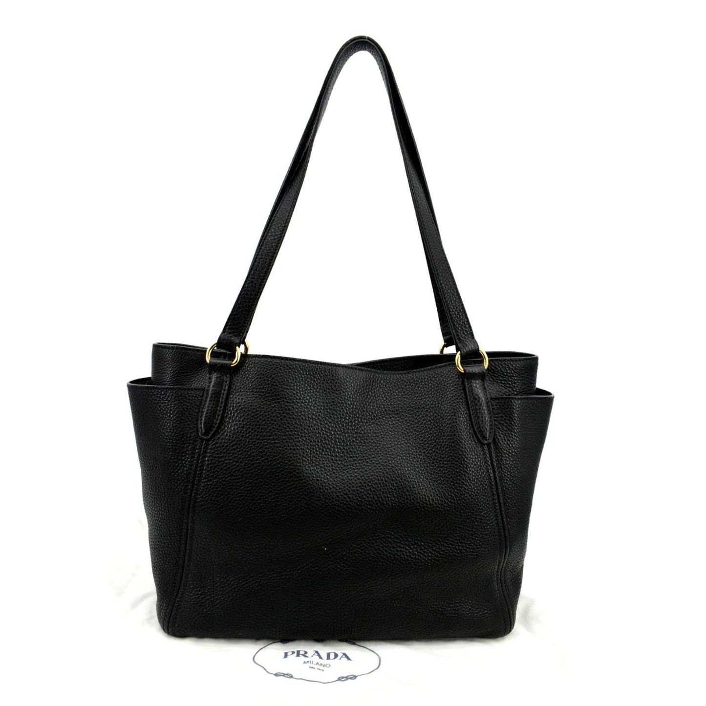Prada Daino Side Pocket Tote Shoulder Bag Leather Vitello Black
