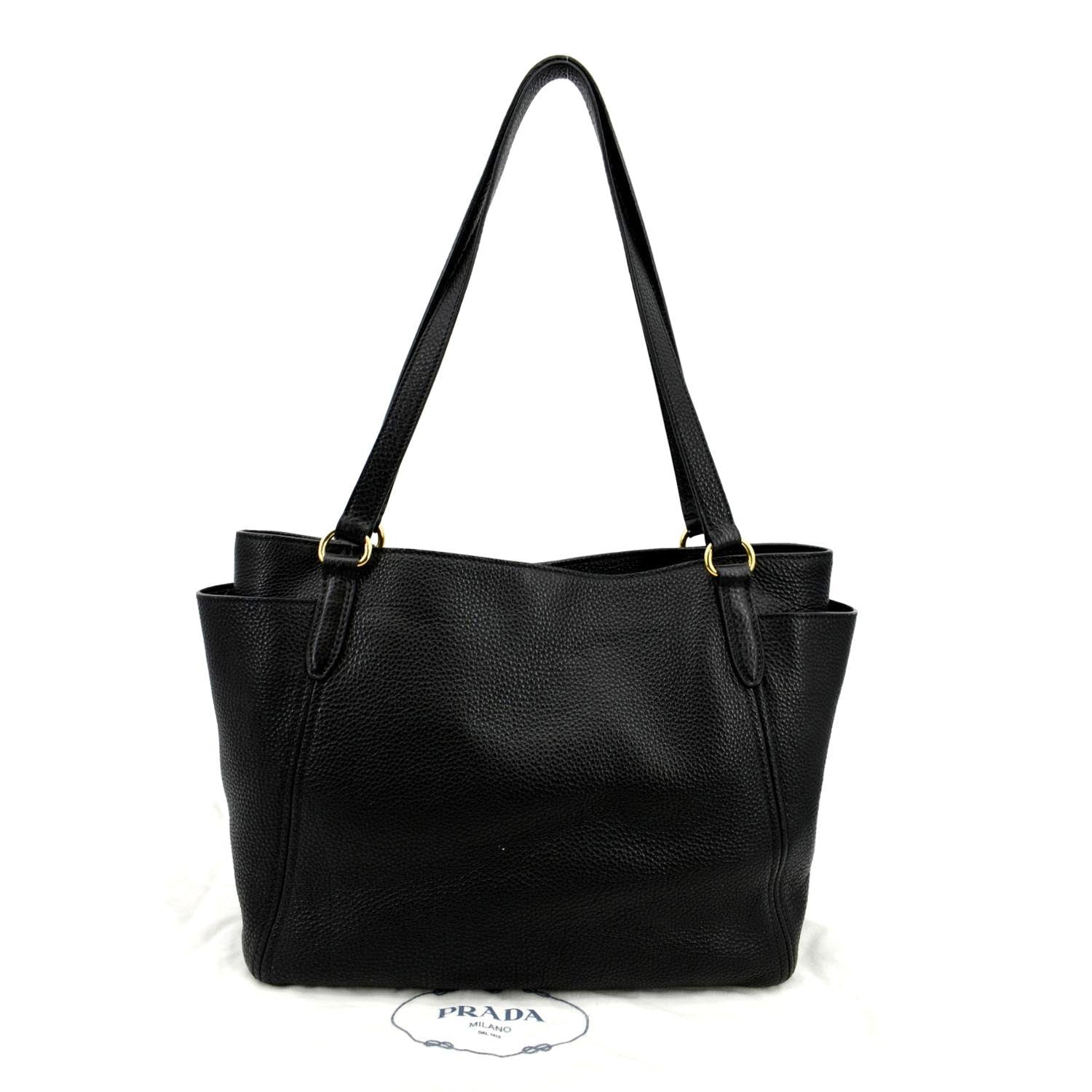 Prada Daino Side Pocket Tote Shoulder Bag Leather Vitello Black