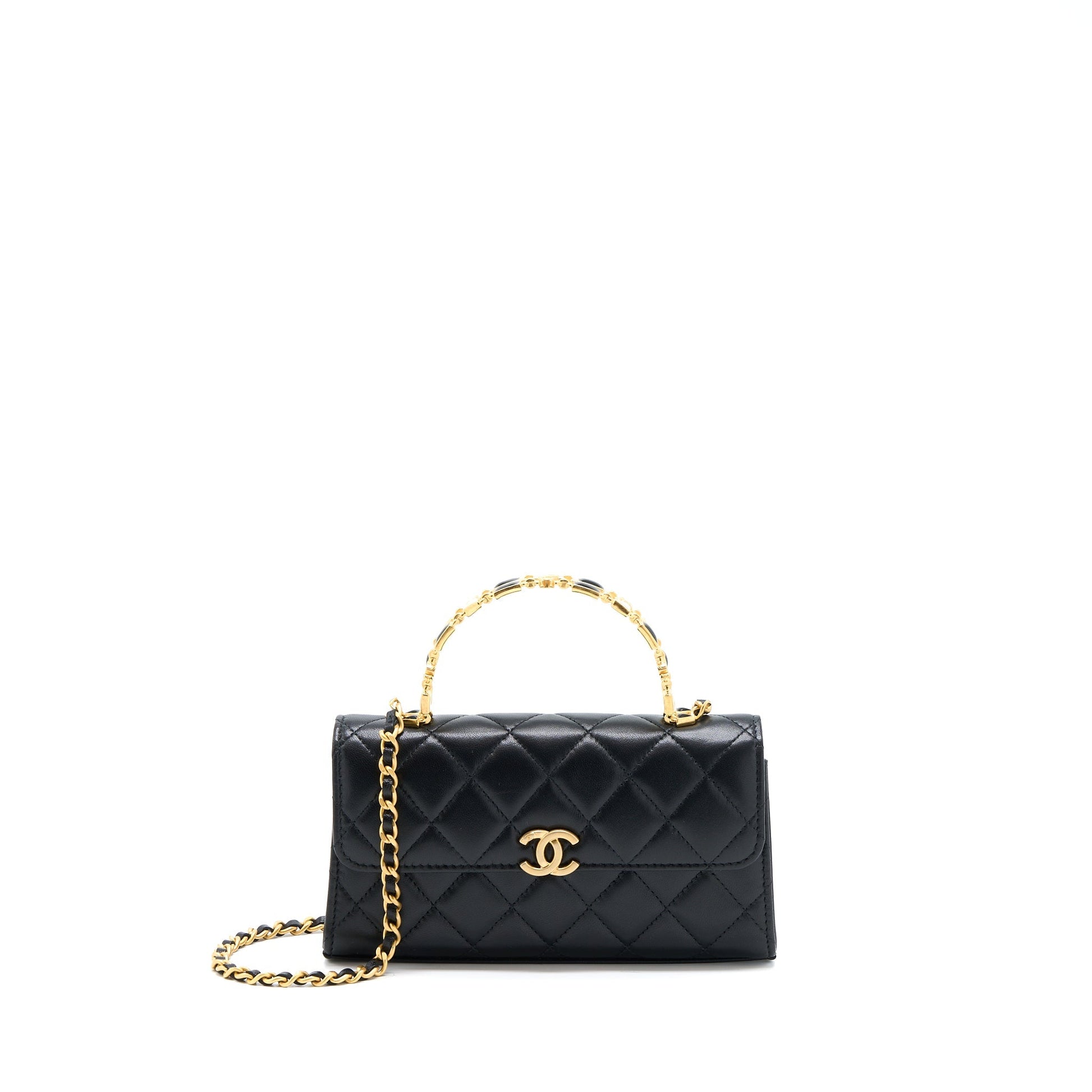 Chanel 22B Flap Enamel Top Handle Lambskin Black Shoulder Bag Ghw 1