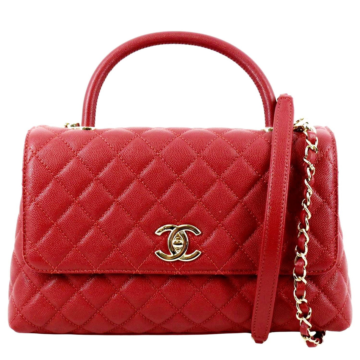 Chanel Coco Quilted Caviar Top Handle Leather Red Travel Bag
