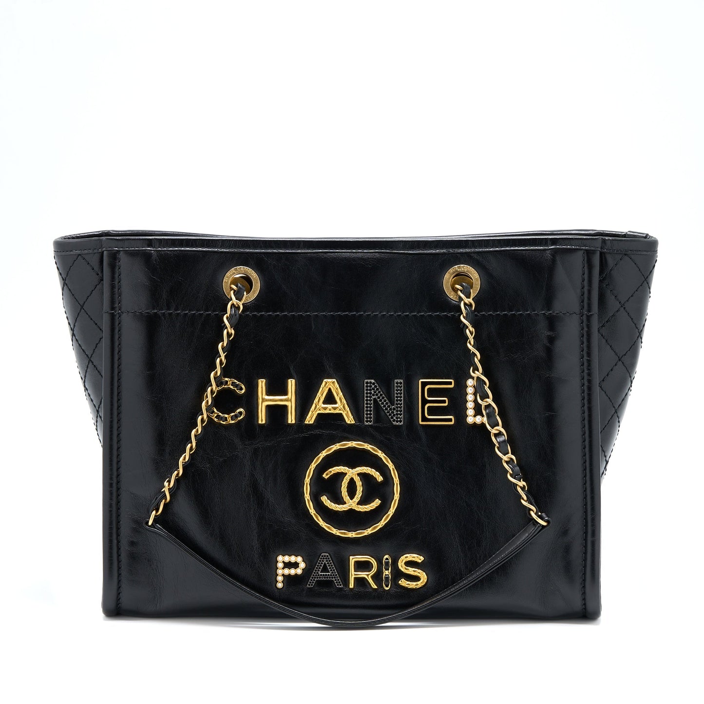 Chanel Deauville Calfskin Detail Logo GHW Black Tote Bag