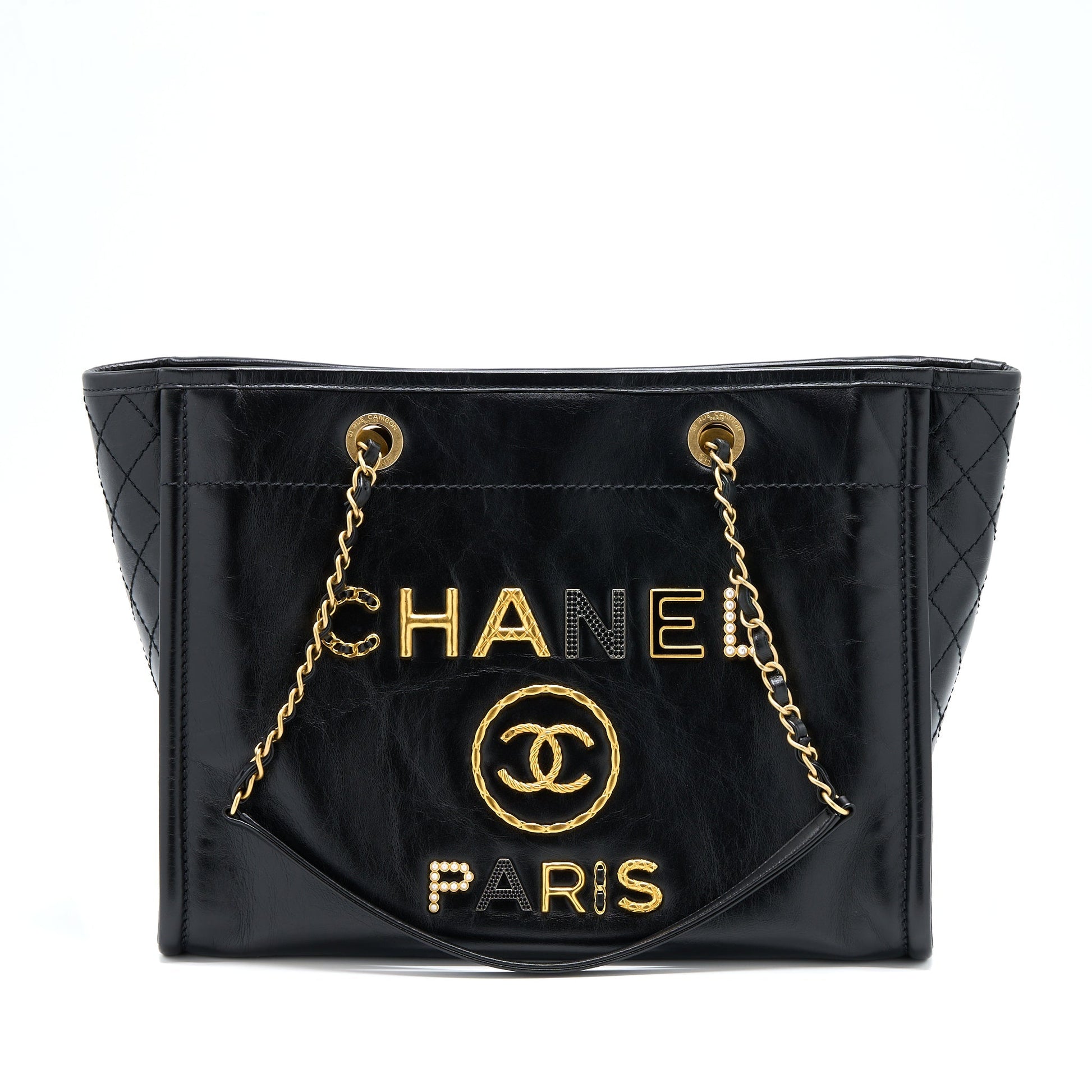 Chanel Deauville Calfskin Detail Logo GHW Black Tote Bag