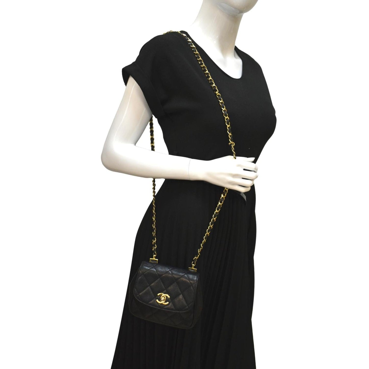 Chanel Round Flap Quilted Caviar Leather Black Travel Bag