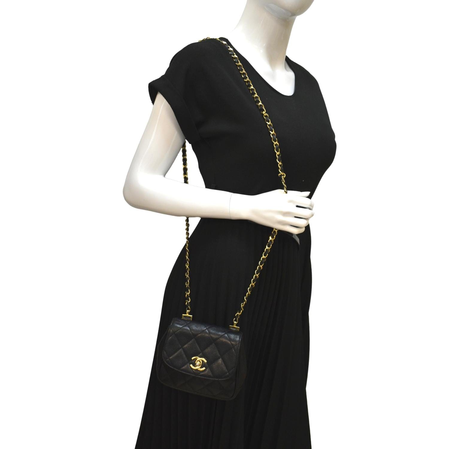 Chanel Round Flap Quilted Caviar Leather Black Travel Bag