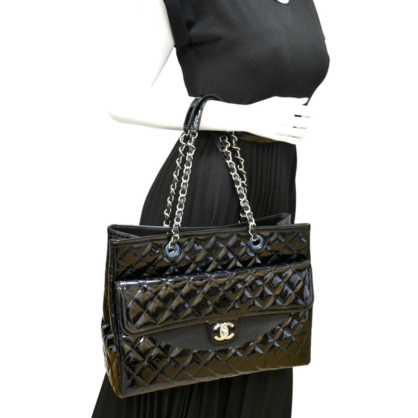 Chanel Front Pocket Quilted Patent Shopping Leather Black Travel Bag