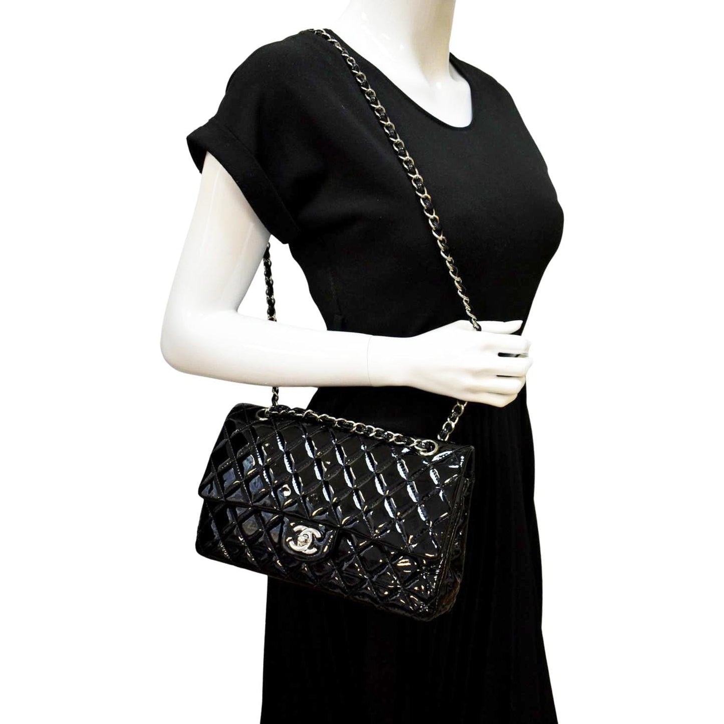 Chanel Classic Double Flap Patent Leather Black Travel Bag