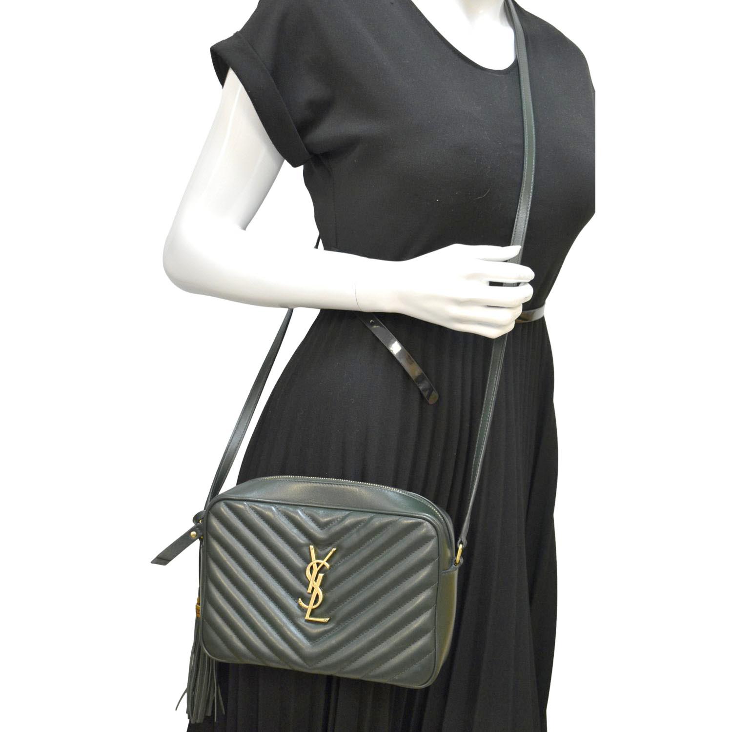 YSL Saint Laurent Yves Lou Chevron Camera Crossbody Bag Leather Green
