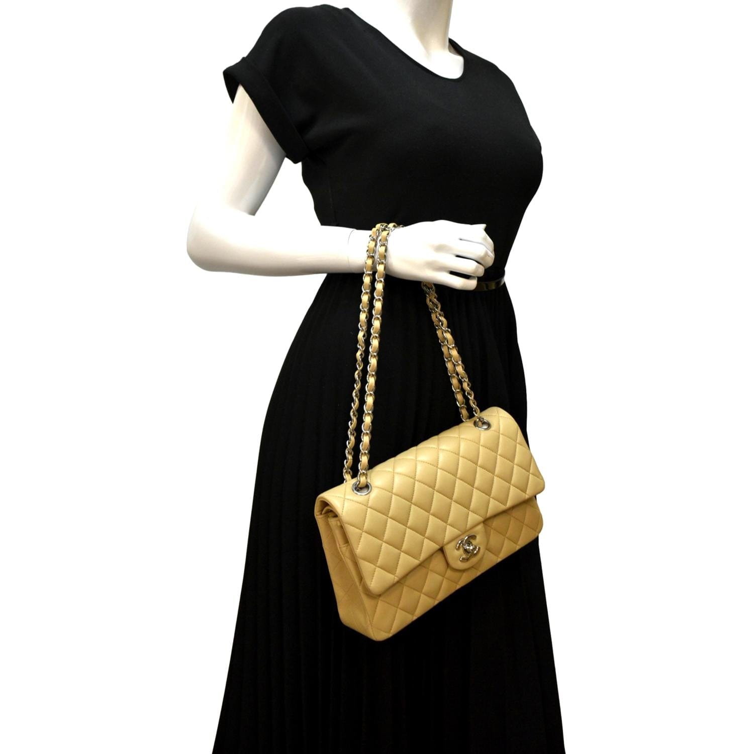 Chanel Classic Double Flap Quilted Leather Beige Travel Bag