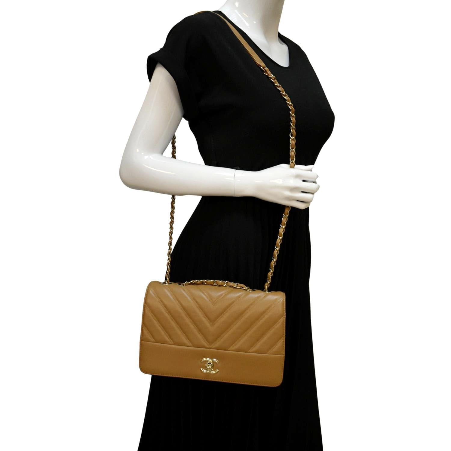 Chanel Statement Flap Quilted Chevron Camel Leather Travel Bag