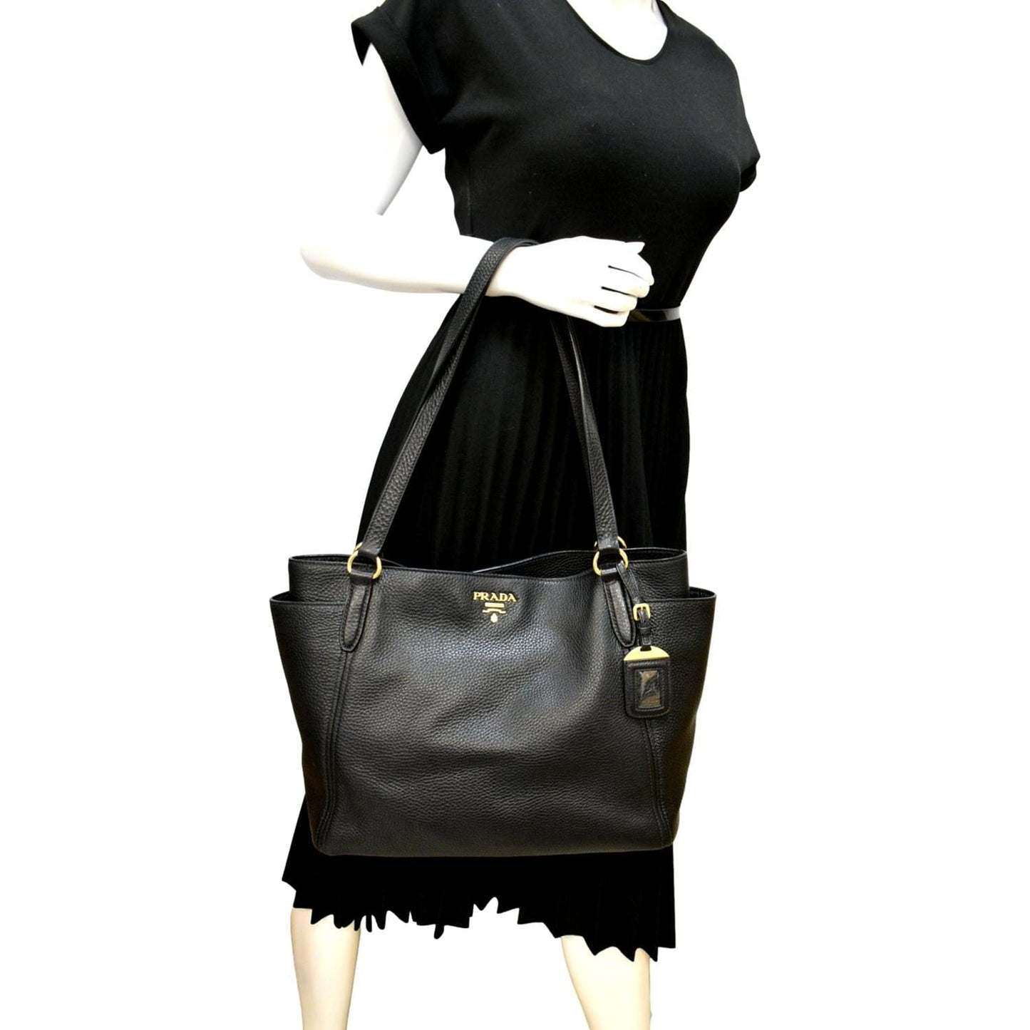 Prada Daino Side Pocket Tote Shoulder Bag Leather Vitello Black