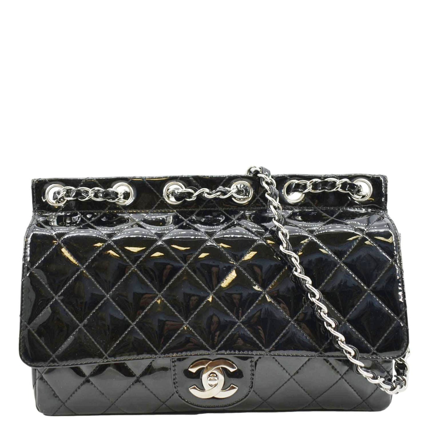 Chanel Through Flap Quilted Patent Leather Black Travel Bag