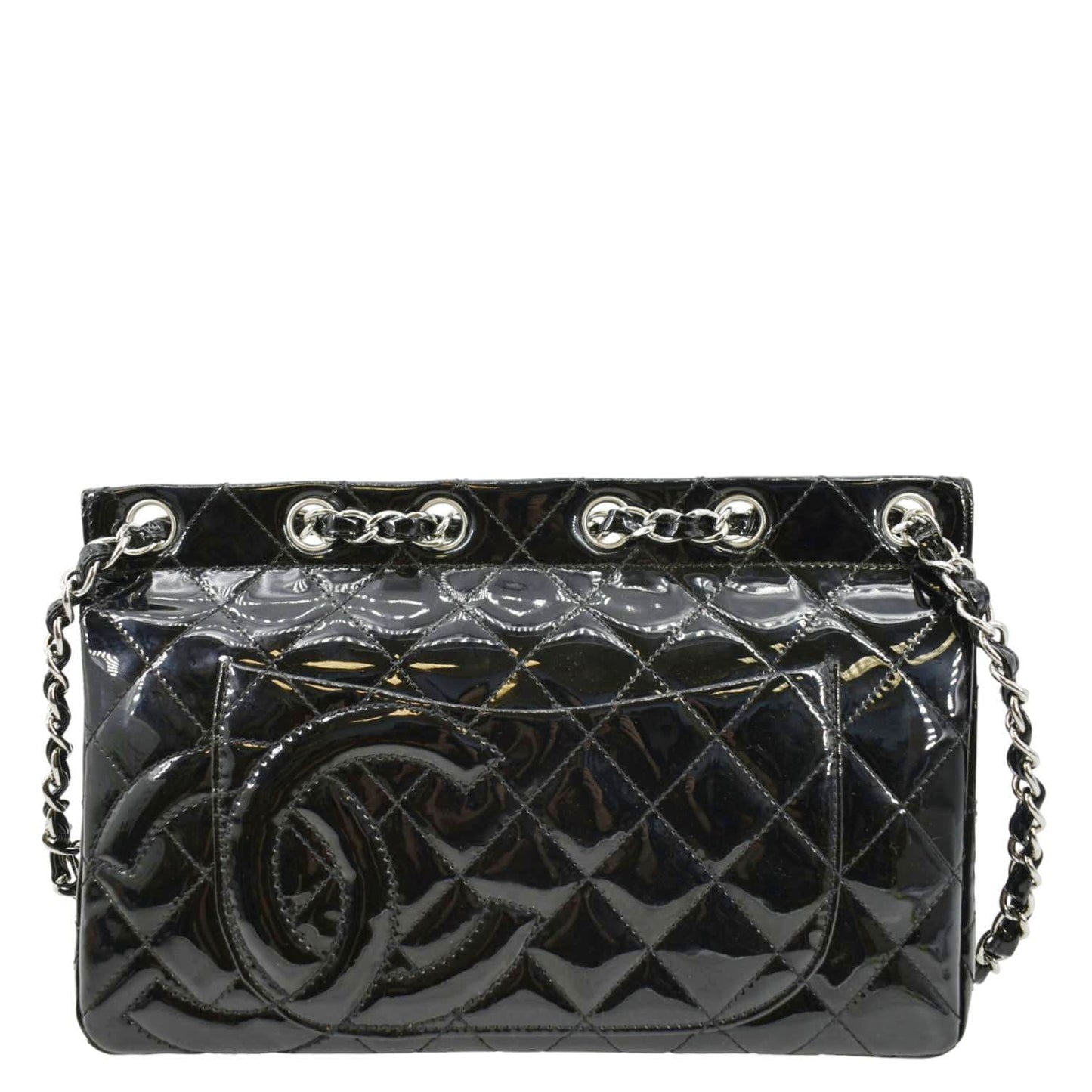 Chanel Through Flap Quilted Patent Leather Black Travel Bag