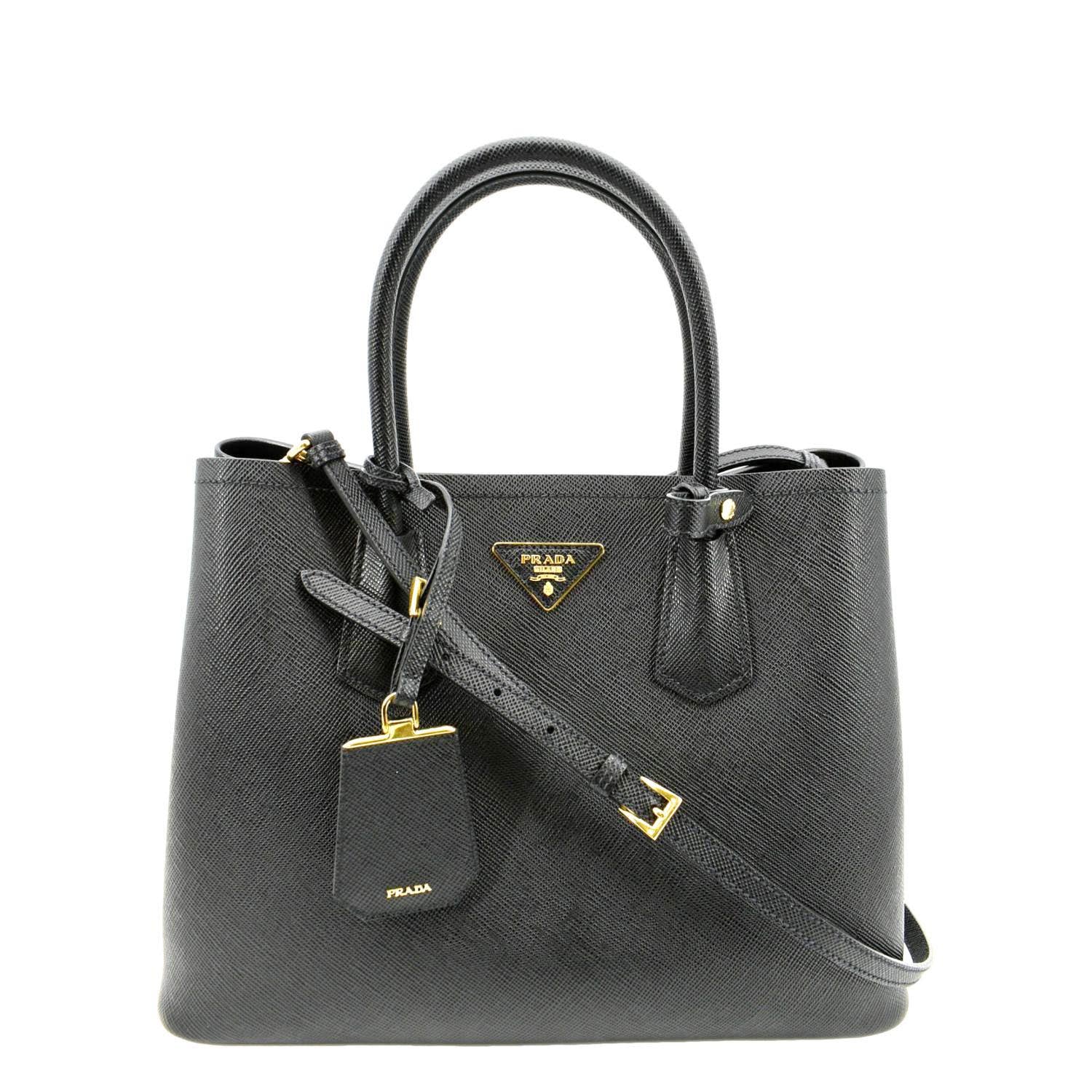 Prada Double Shoulder Tote Bag Leather Saffiano Black Shoulder Bag