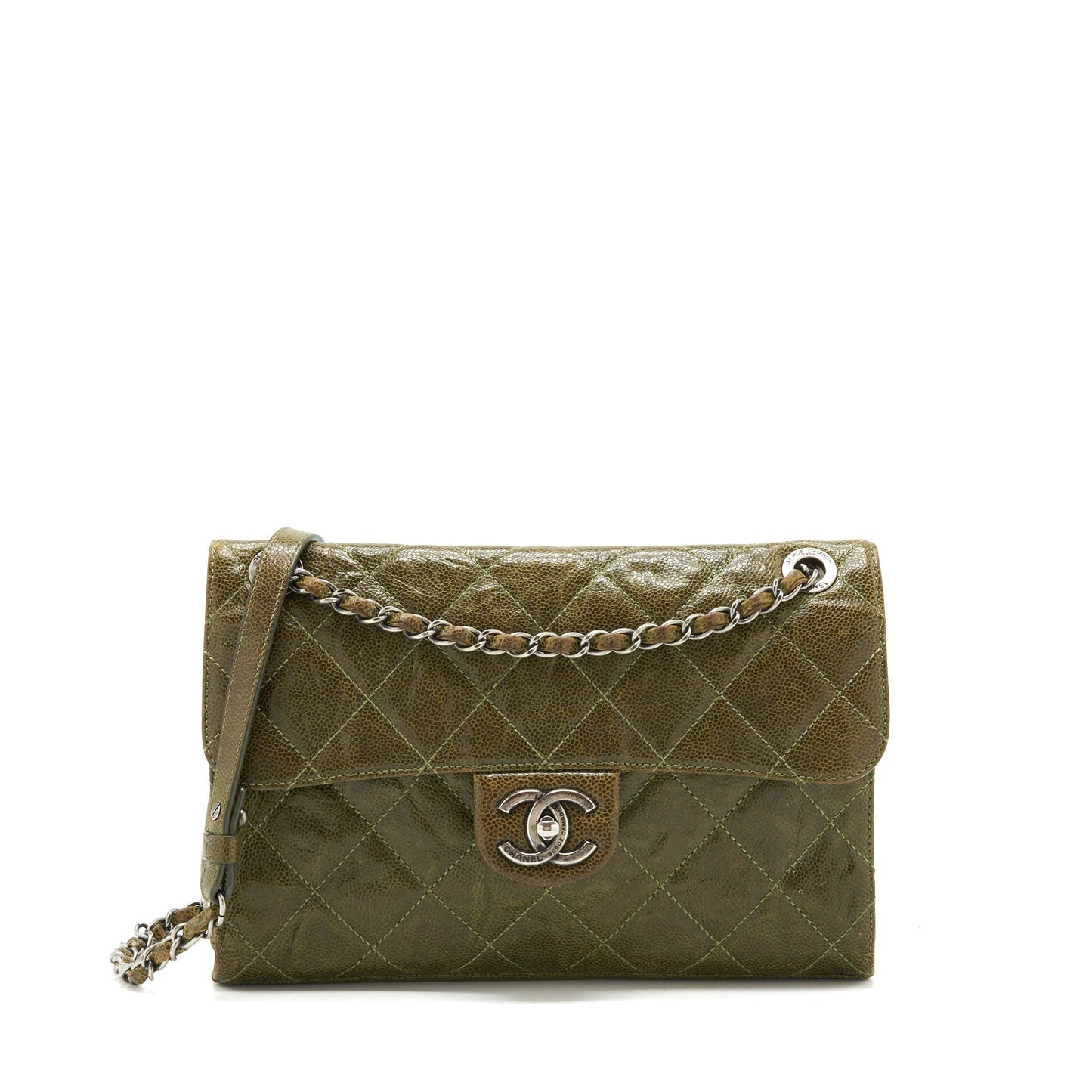 Chanel Quilted Grained Calfskin Olive Ruthenium Hardware Green Handbag