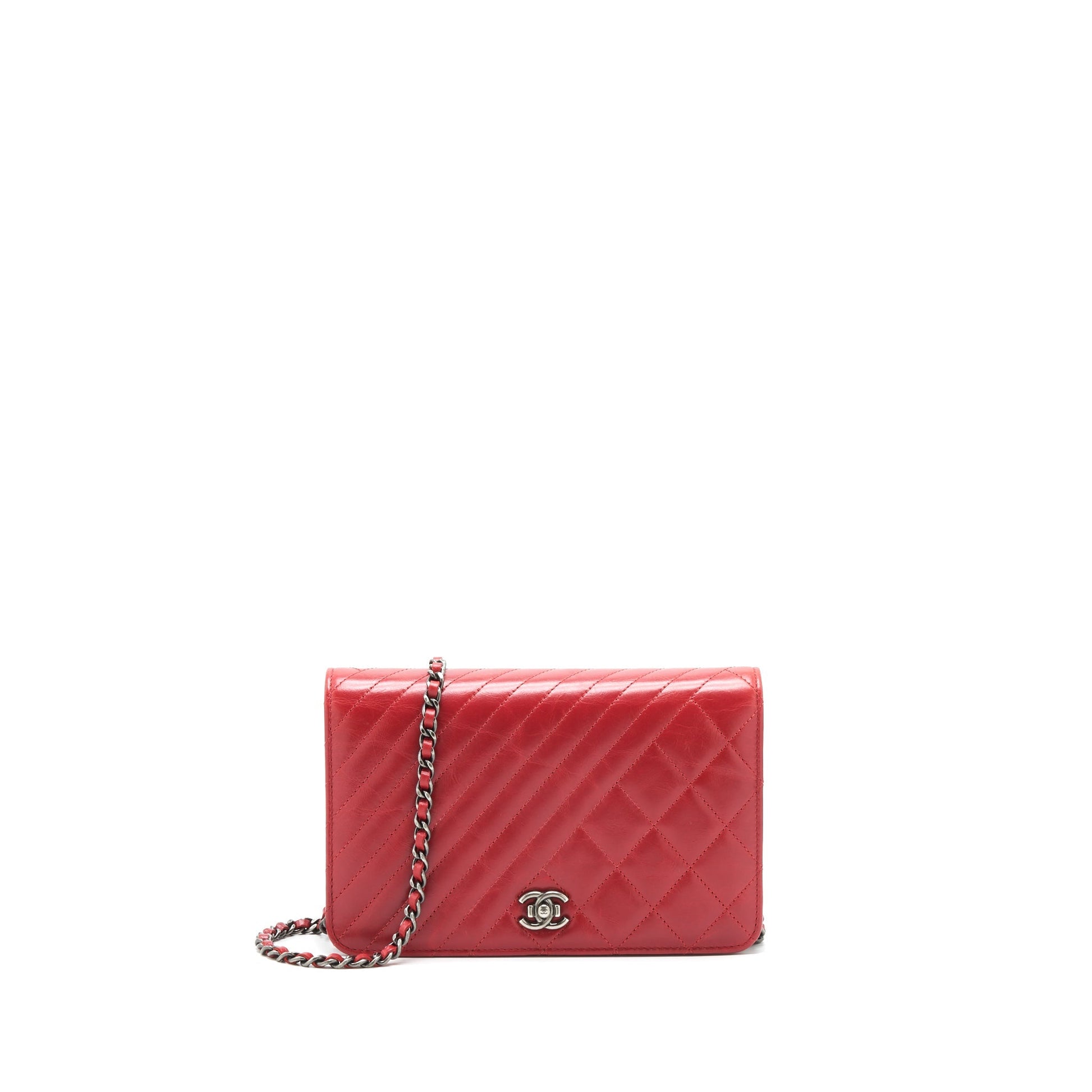 Chanel On Calfskin Ruthenium Hardware Red Wallet Case