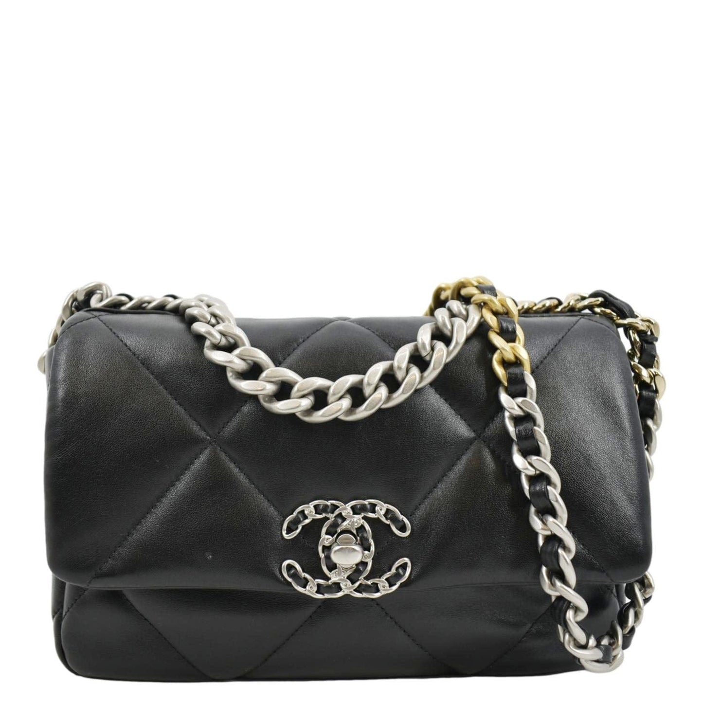 Chanel 19 Flap Quilted Leather Lambskin Black Travel Bag Black Small
