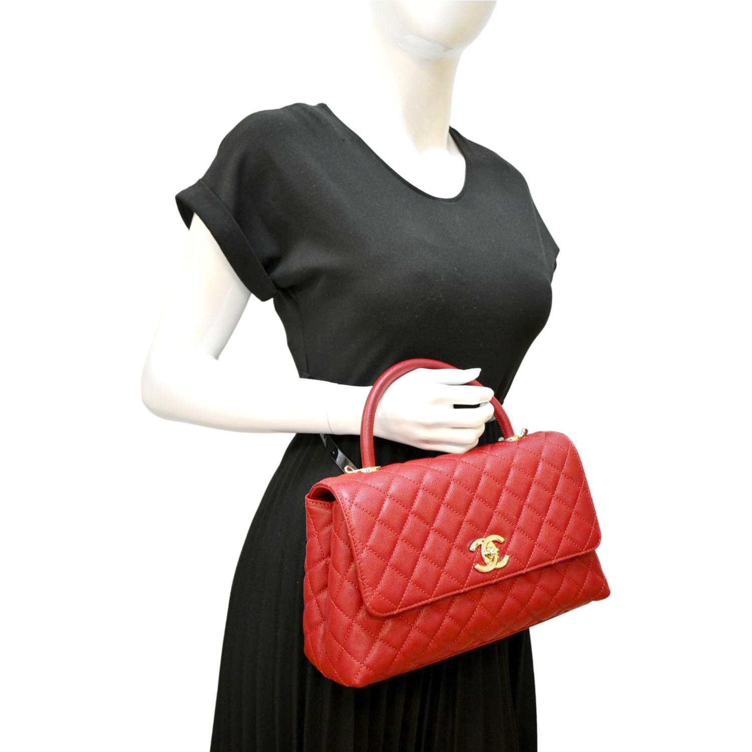 Chanel Coco Quilted Caviar Top Handle Leather Red Travel Bag