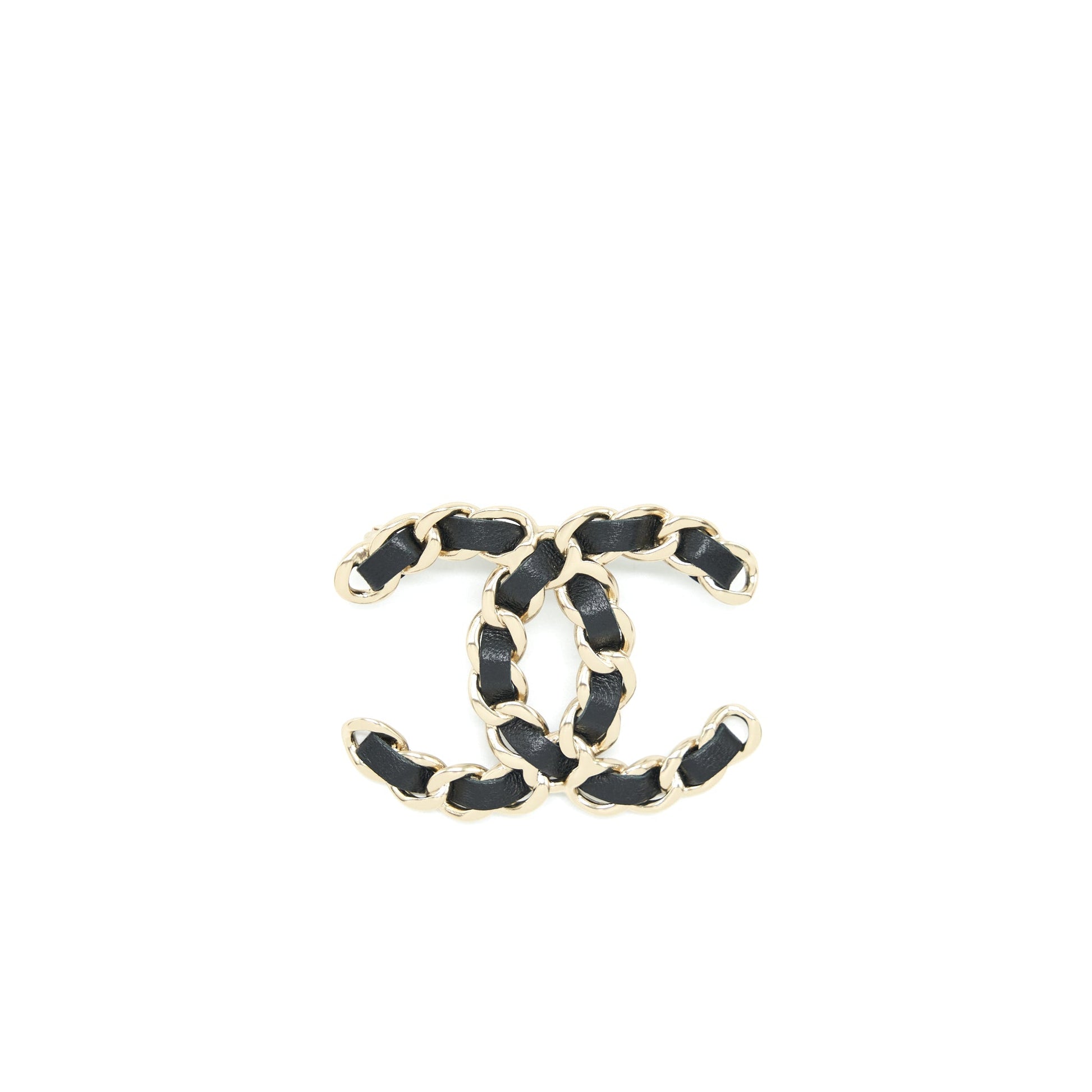 Chanel CC Logo Brooch Light Tone Black Gold Leather Handbag