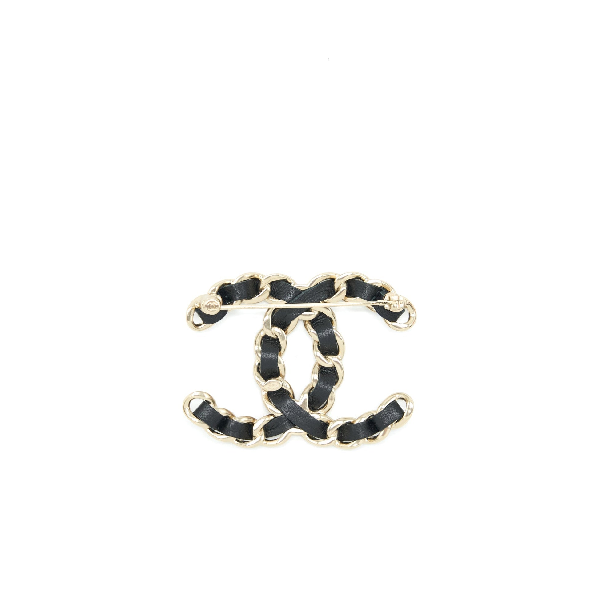 Chanel CC Logo Brooch Light Tone Black Gold Leather Handbag