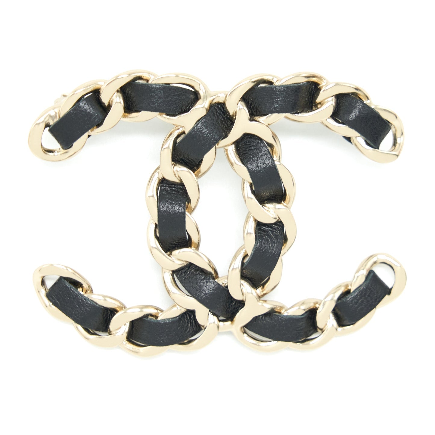 Chanel CC Logo Brooch Light Tone Black Gold Leather Handbag